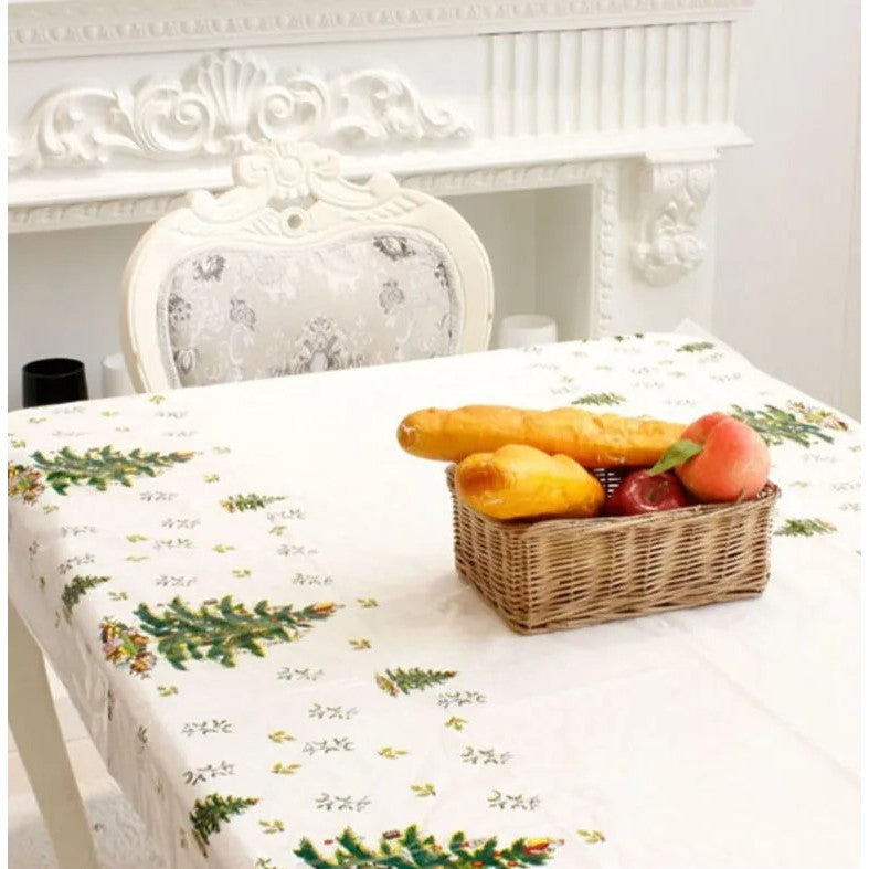 Fata de masa dreptunghiulara Kaveny, PVC, 2.5 mm grosime, imprimeu braduri, potrivit pentru Craciun, utilizare multipla, 180 x 108 cm, alb