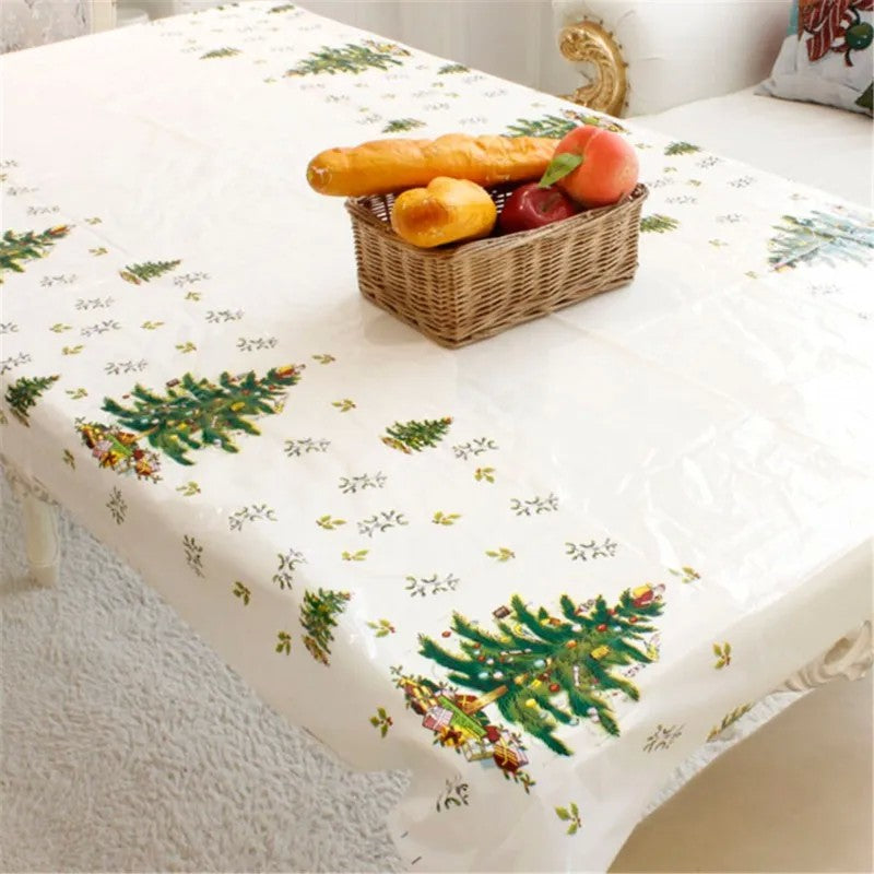 Fata de masa dreptunghiulara Kaveny, PVC, 2.5 mm grosime, imprimeu braduri, potrivit pentru Craciun, utilizare multipla, 180 x 108 cm, alb