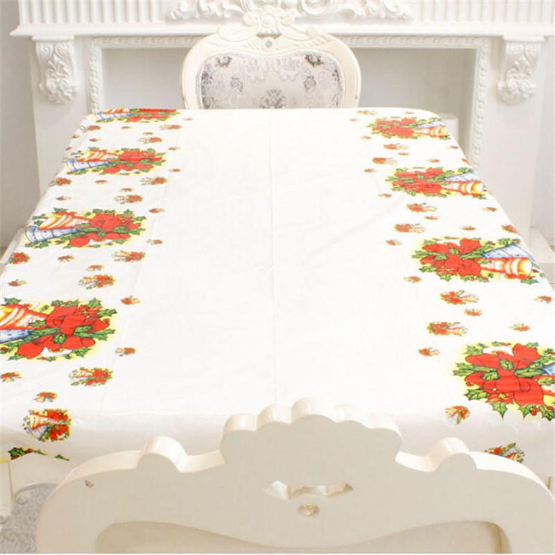 Fata de masa dreptunghiulara Kaveny, PVC, 2.5 mm grosime, imprimeu clopotei, potrivit pentru Craciun, utilizare multipla, 180 x 108 cm, alb