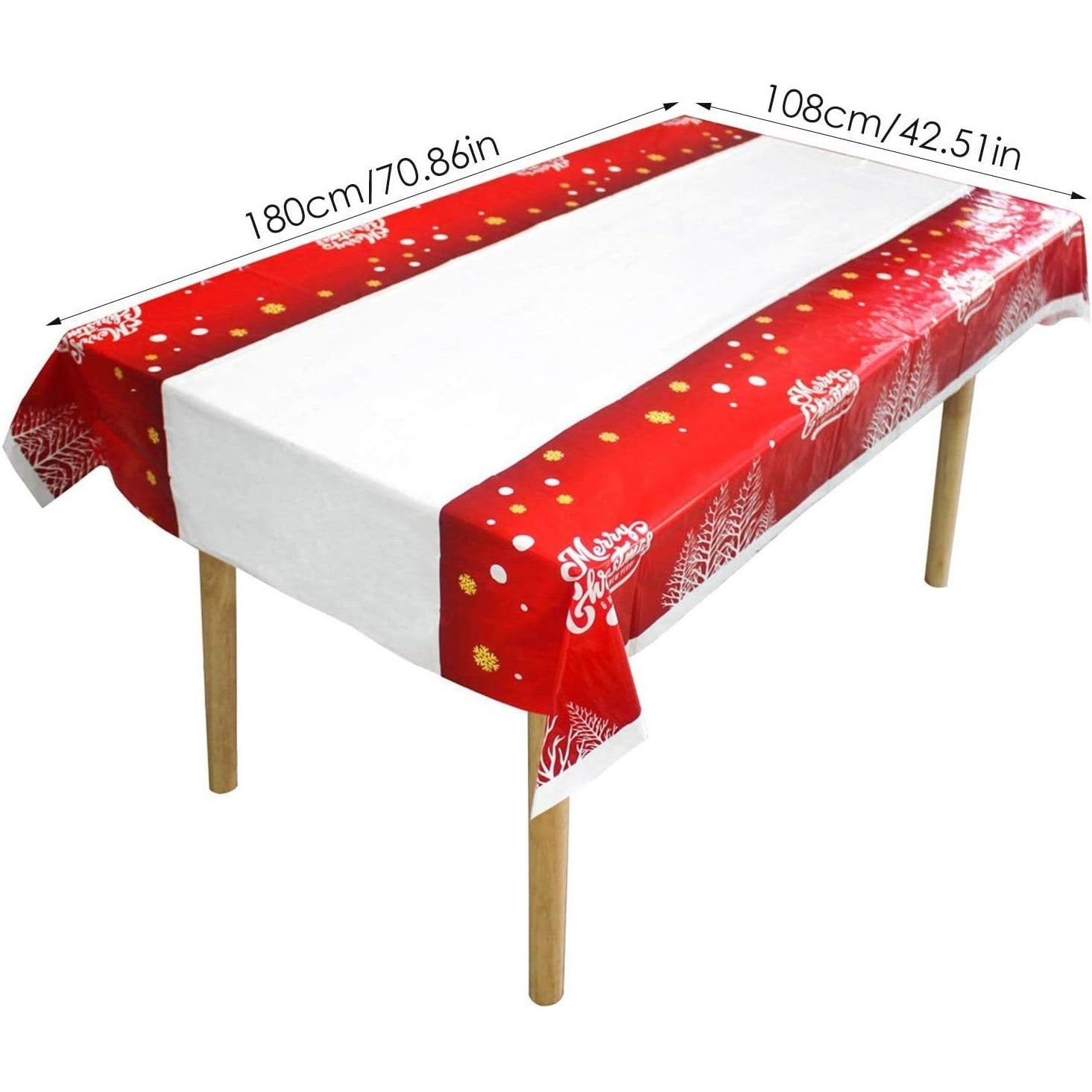Fata de masa dreptunghiulara Kadeny, PVC, 2.5 mm grosime, imprimeu Merry Christmas, potrivit pentru Craciun, utilizare multipla, 180 x 108 cm, alb