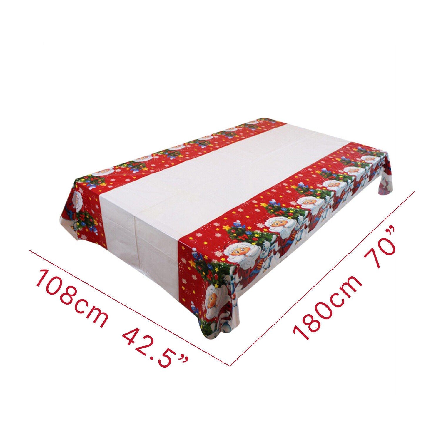 Fata de masa dreptunghiulara Kaveny, PVC, 2.5 mm grosime, imprimeu Mos Craciun cu iepuras, potrivit pentru Craciun, utilizare multipla, 180 x 108 cm, alb