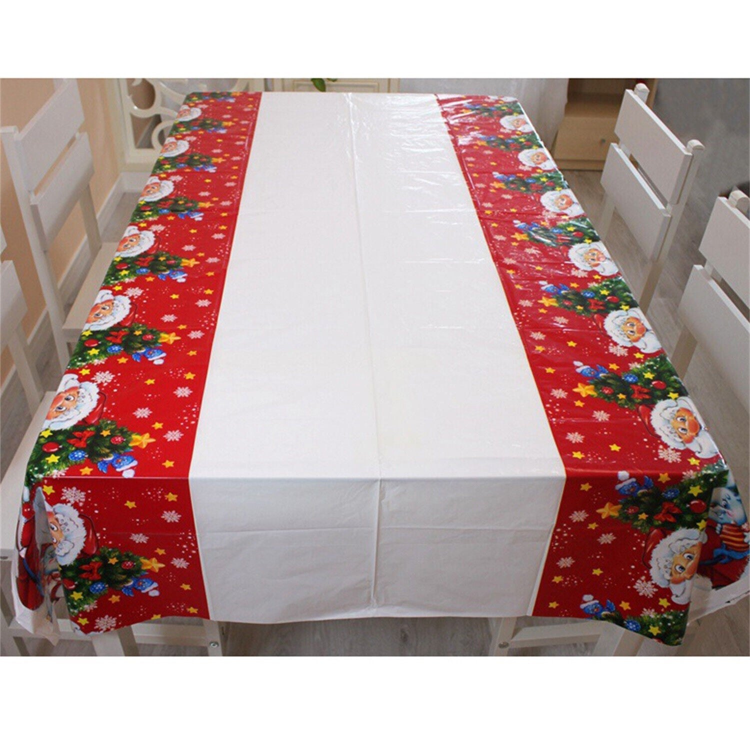 Fata de masa dreptunghiulara Kaveny, PVC, 2.5 mm grosime, imprimeu Mos Craciun cu iepuras, potrivit pentru Craciun, utilizare multipla, 180 x 108 cm, alb