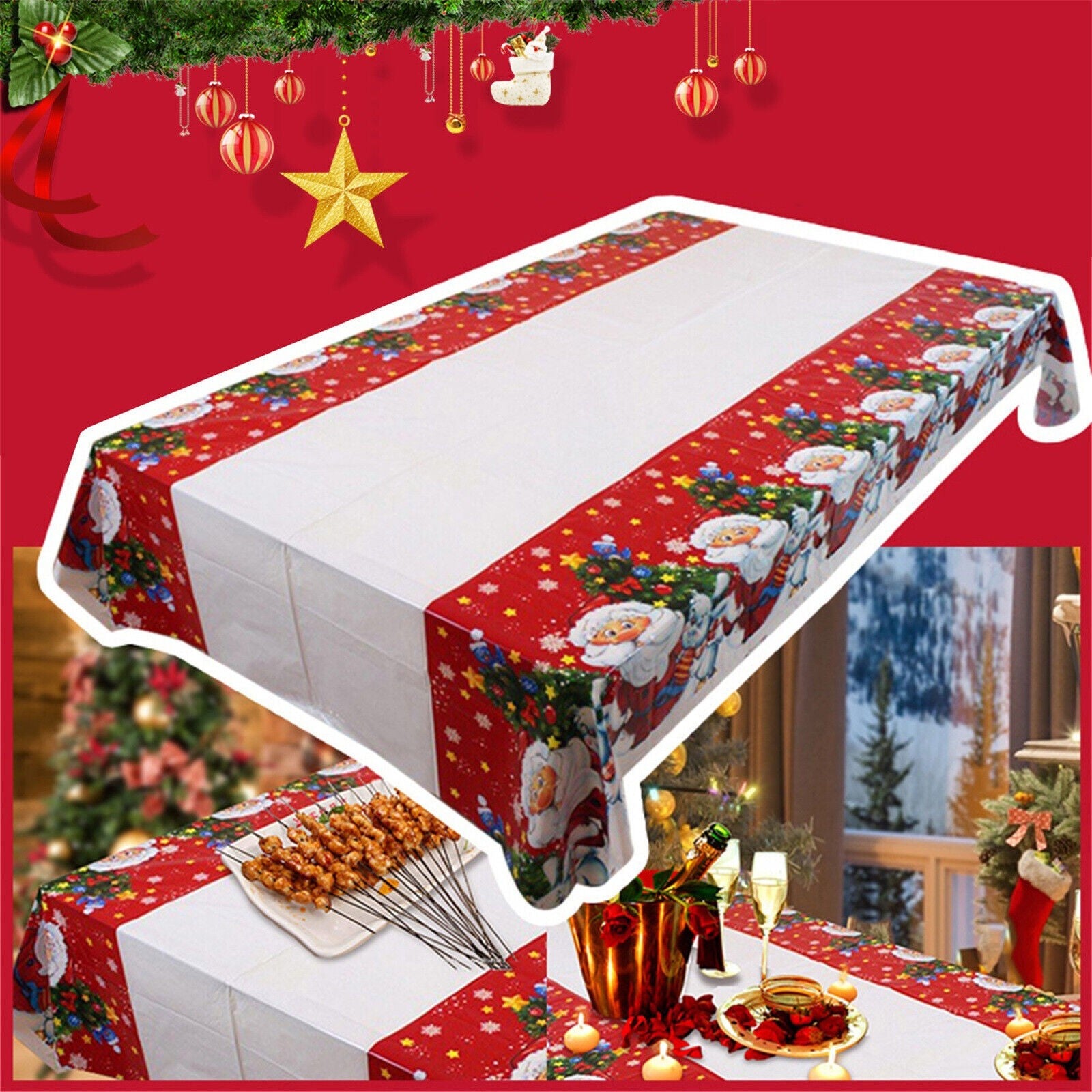Fata de masa dreptunghiulara Kaveny, PVC, 2.5 mm grosime, imprimeu Mos Craciun cu iepuras, potrivit pentru Craciun, utilizare multipla, 180 x 108 cm, alb