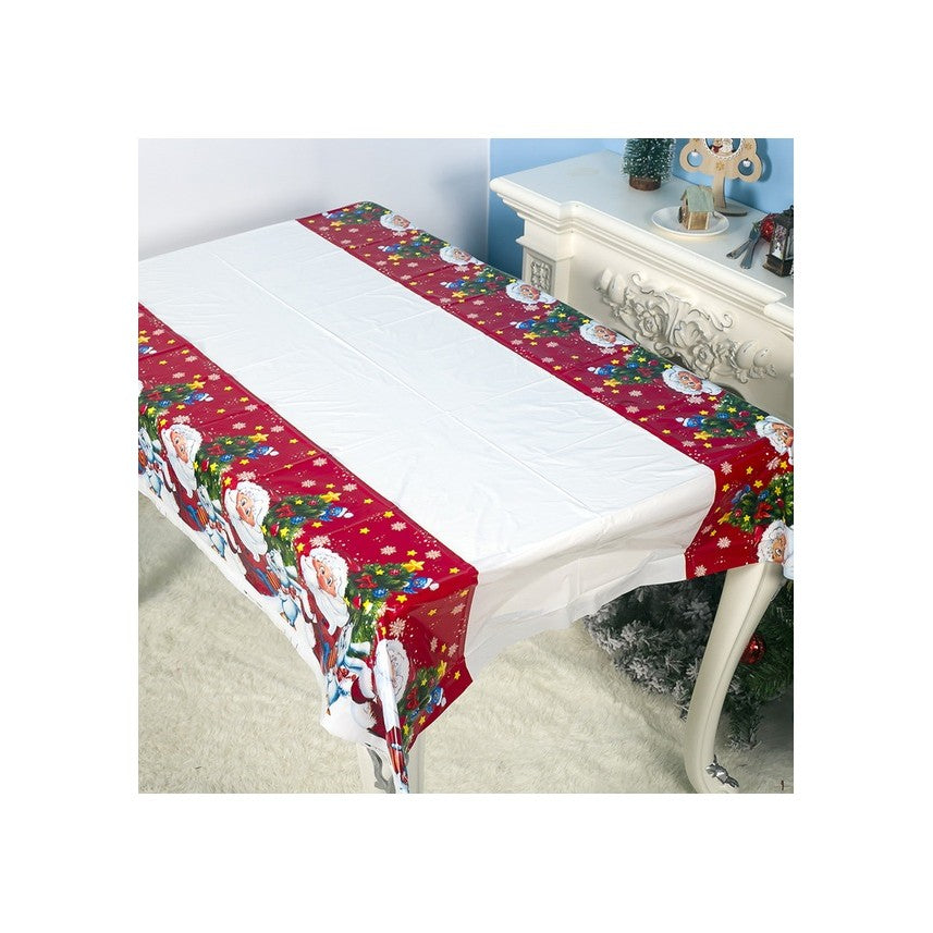 Fata de masa dreptunghiulara Kaveny, PVC, 2.5 mm grosime, imprimeu Mos Craciun cu iepuras, potrivit pentru Craciun, utilizare multipla, 180 x 108 cm, alb