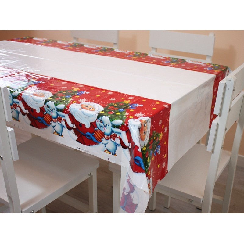 Fata de masa dreptunghiulara Kaveny, PVC, 2.5 mm grosime, imprimeu Mos Craciun cu iepuras, potrivit pentru Craciun, utilizare multipla, 180 x 108 cm, alb