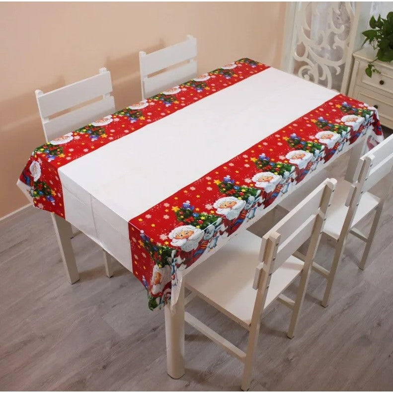 Fata de masa dreptunghiulara Kaveny, PVC, 2.5 mm grosime, imprimeu Mos Craciun cu iepuras, potrivit pentru Craciun, utilizare multipla, 180 x 108 cm, alb