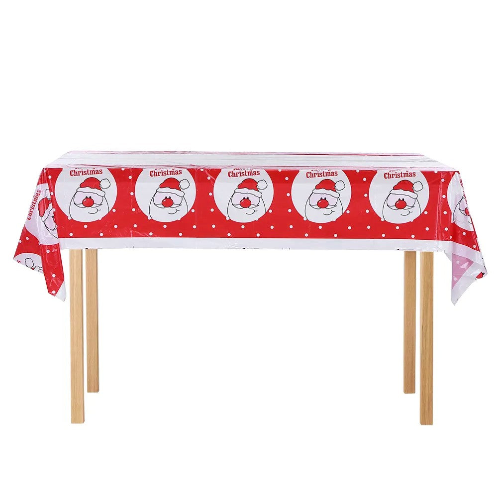 Fata de masa dreptunghiulara Kaveny, PVC, 2.5 mm grosime, imprimeu Mos Craciun model 2, potrivit pentru Craciun, utilizare multipla, 180 x 108 cm, alb