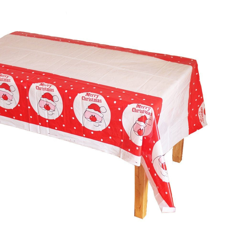 Fata de masa dreptunghiulara Kaveny, PVC, 2.5 mm grosime, imprimeu Mos Craciun model 2, potrivit pentru Craciun, utilizare multipla, 180 x 108 cm, alb