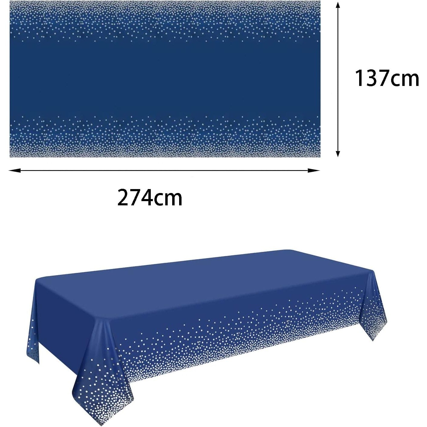 Fata de Masa, Kaveny, din PEVA, Imprimeu Buline Argintii, 137 x 274 cm, Impermeabila, Fara Pete, Curatare Rapida, Albastru Inchis