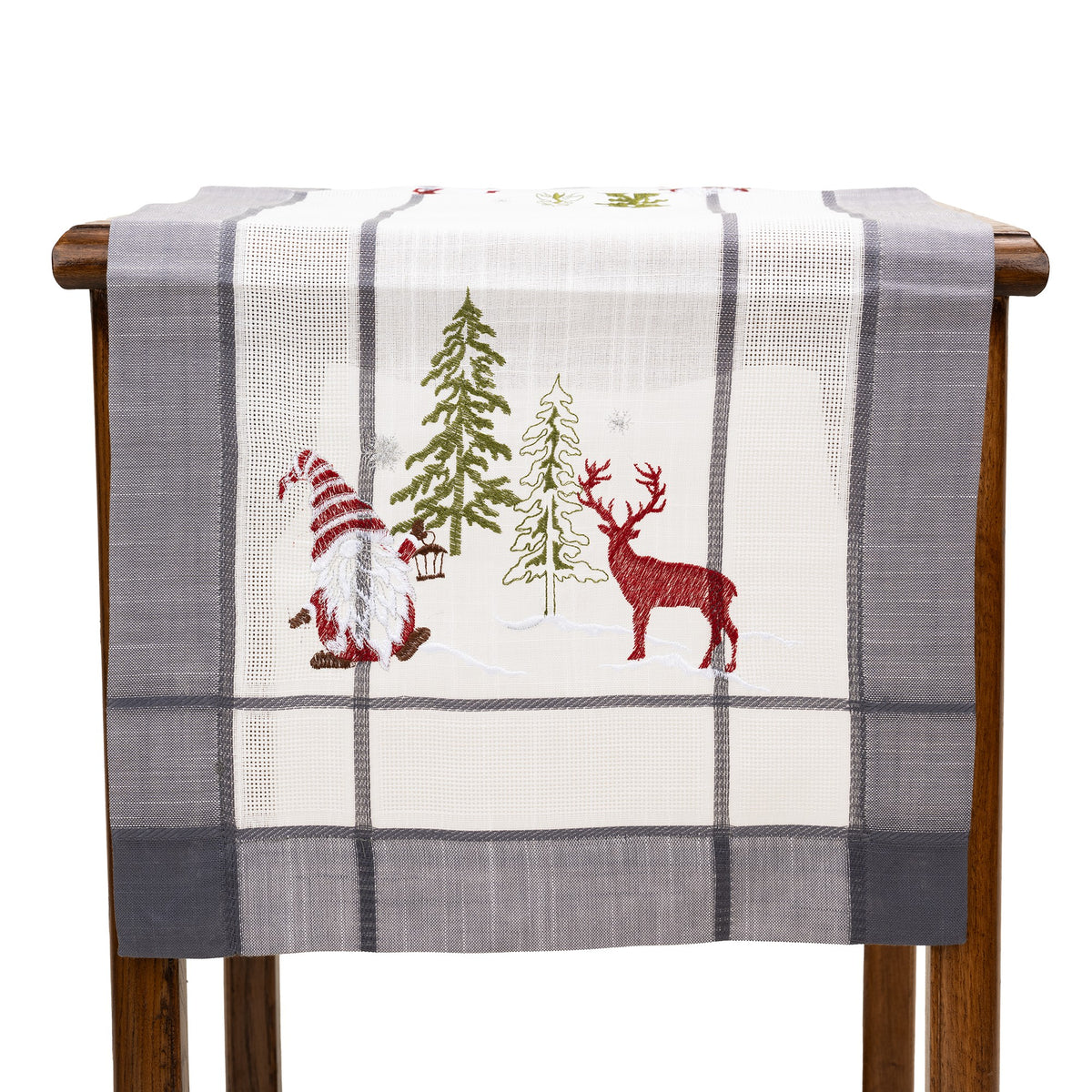 NU ARE -Fata de Masa Kadeny, Material In Brodat, cu Motiv mos Craciun si Reni, 85 x 40 cm, Gri