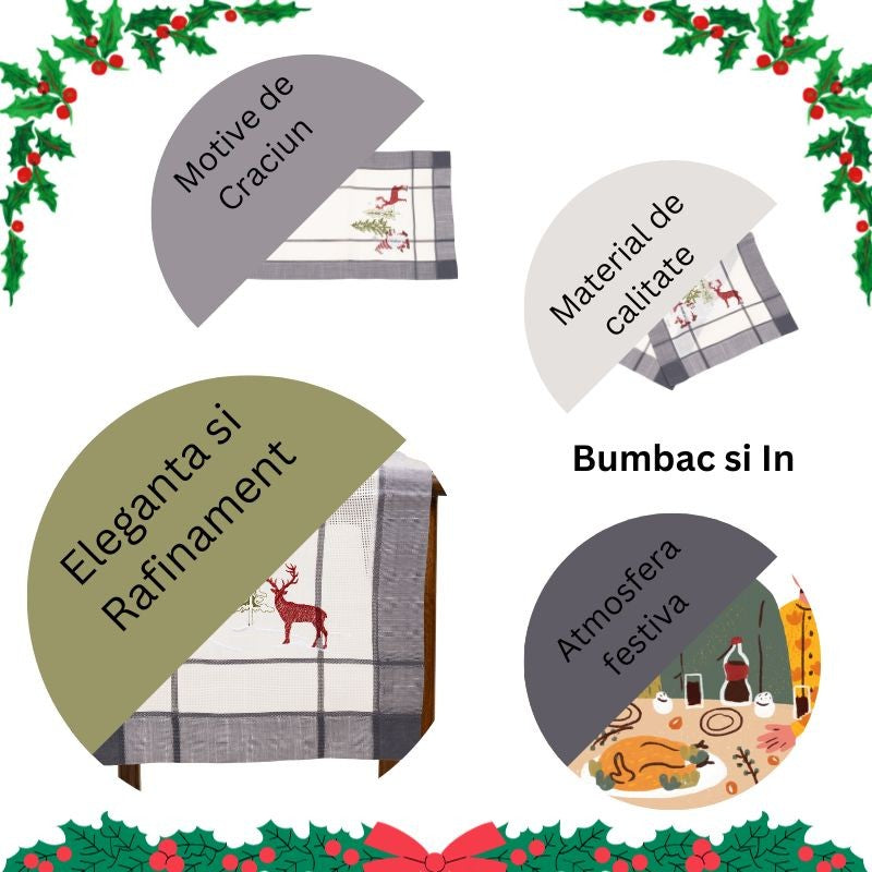 NU ARE - Fata de Masa Kadeny, Material In Brodat, cu Motiv mos Craciun si Reni, 85 x 85 cm, Gri