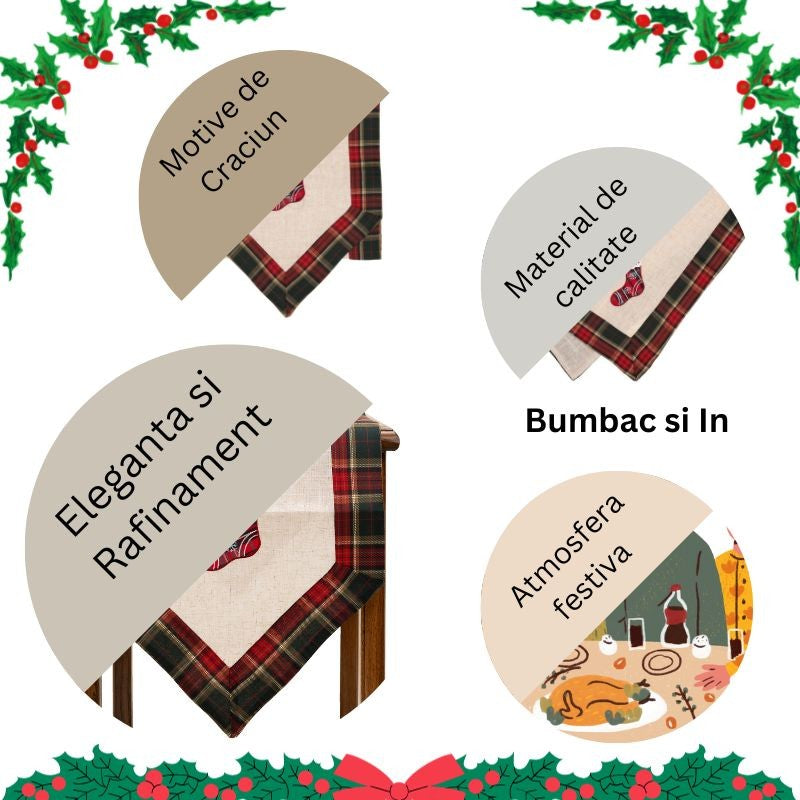 Fata de Masa Kadeny, Material In Brodat, cu Motive de Craciun Ghetute, 180 x 40 cm, Crem