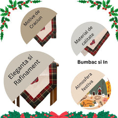 Fata de Masa Kadeny, Material In Brodat, cu Motive de Craciun Ghetute, 180 x 40 cm, Crem