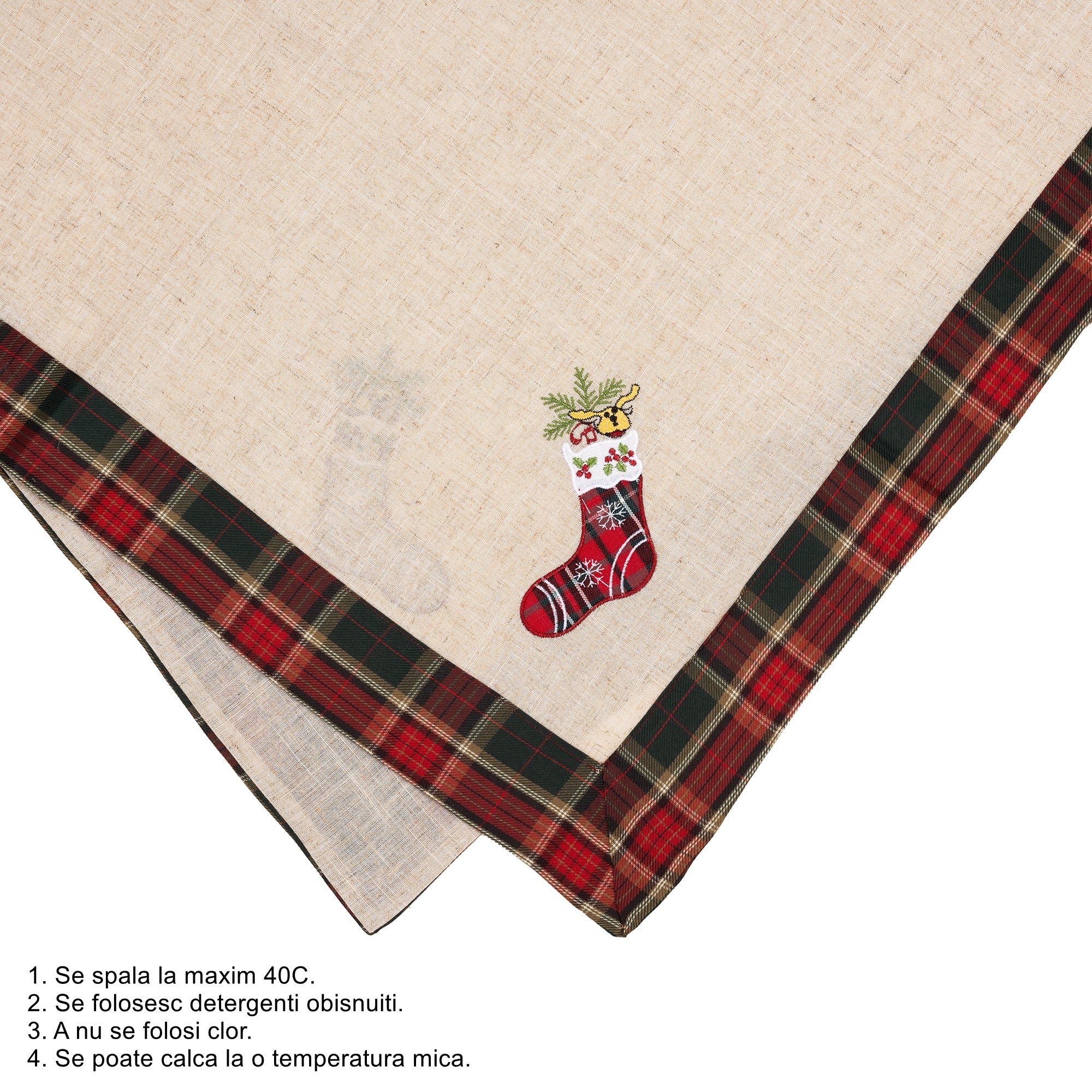 Fata de Masa Kadeny, Material In Brodat, cu Motive de Craciun Ghetute, 180 x 40 cm, Crem