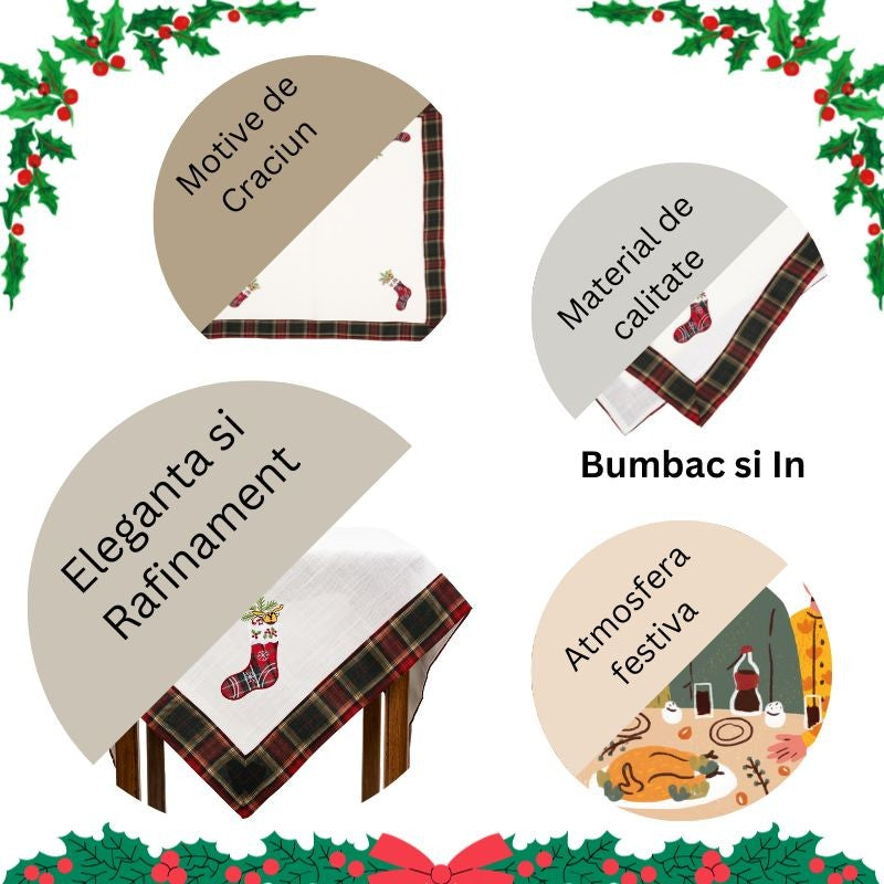 Fata de Masa Kadeny, Material In Brodat, cu Motive de Craciun Ghetute, 85 x 85 cm, Alb