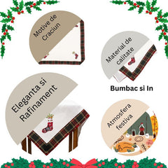 Fata de Masa Kadeny, Material In Brodat, cu Motive de Craciun Ghetute, 85 x 85 cm, Alb