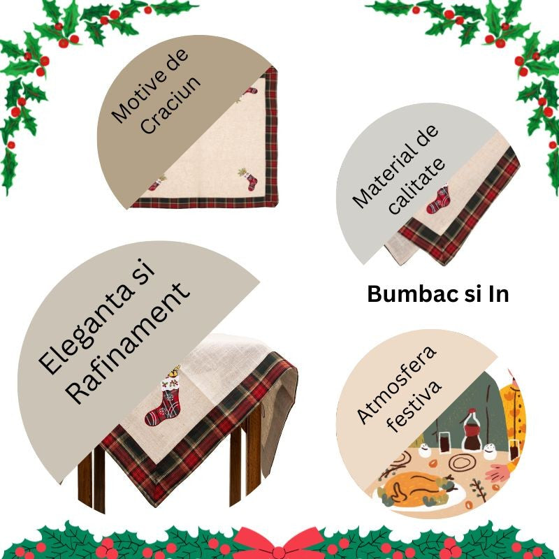 Fata de Masa Kadeny, Material In Brodat, cu Motive de Craciun Ghetute, 85 x 85 cm, Crem