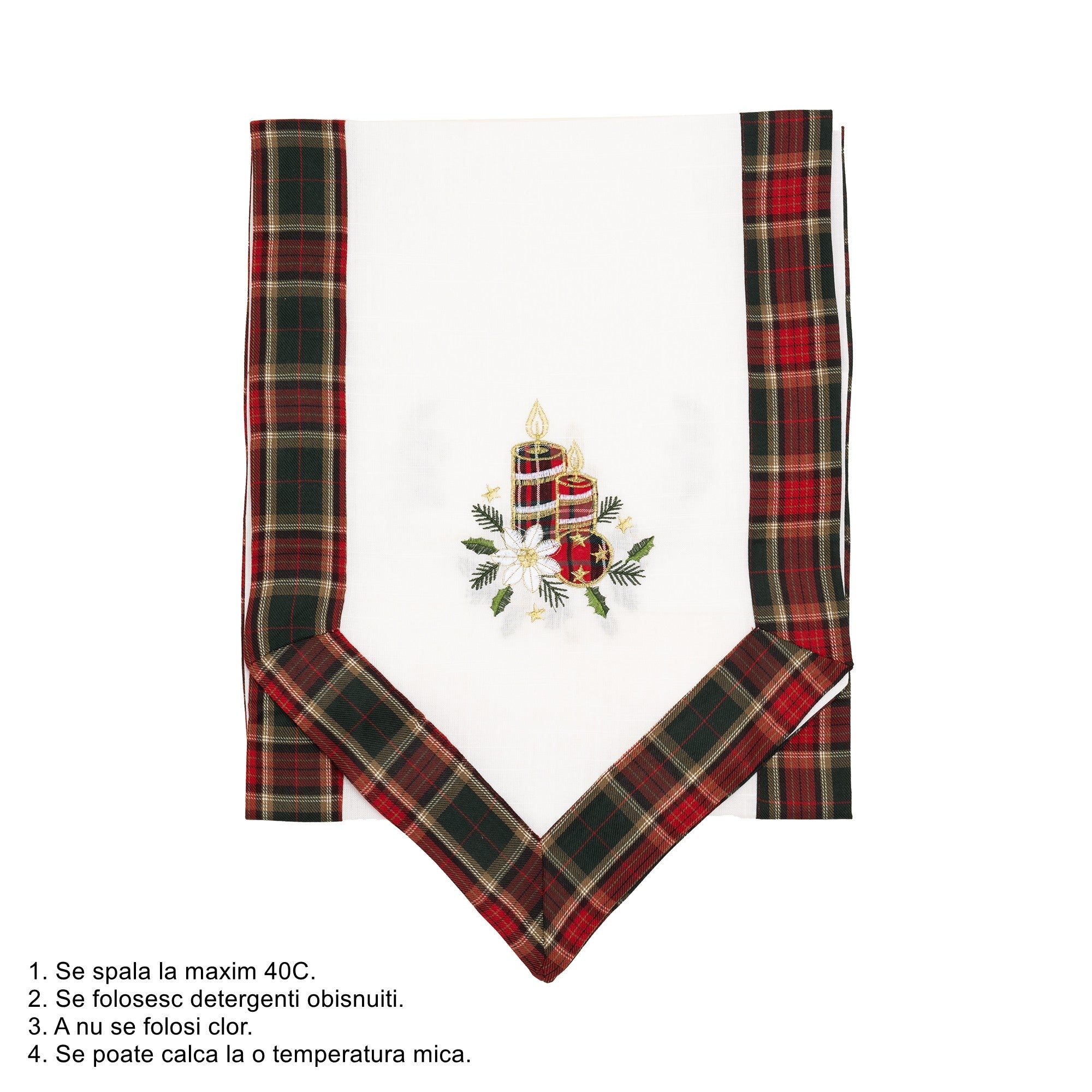 Fata de Masa Kadeny, Material In Brodat, cu Motive de Craciun Lumanari, 180 x 40 cm, Alb