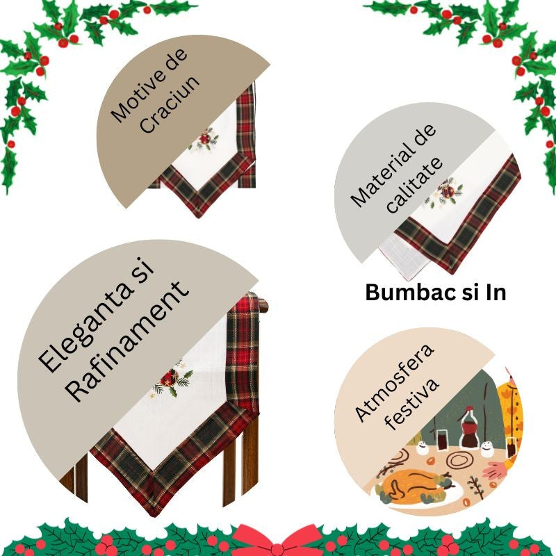 Fata de Masa Kadeny, Material In Brodat, cu Motive de Craciun Lumanari, 180 x 40 cm, Alb