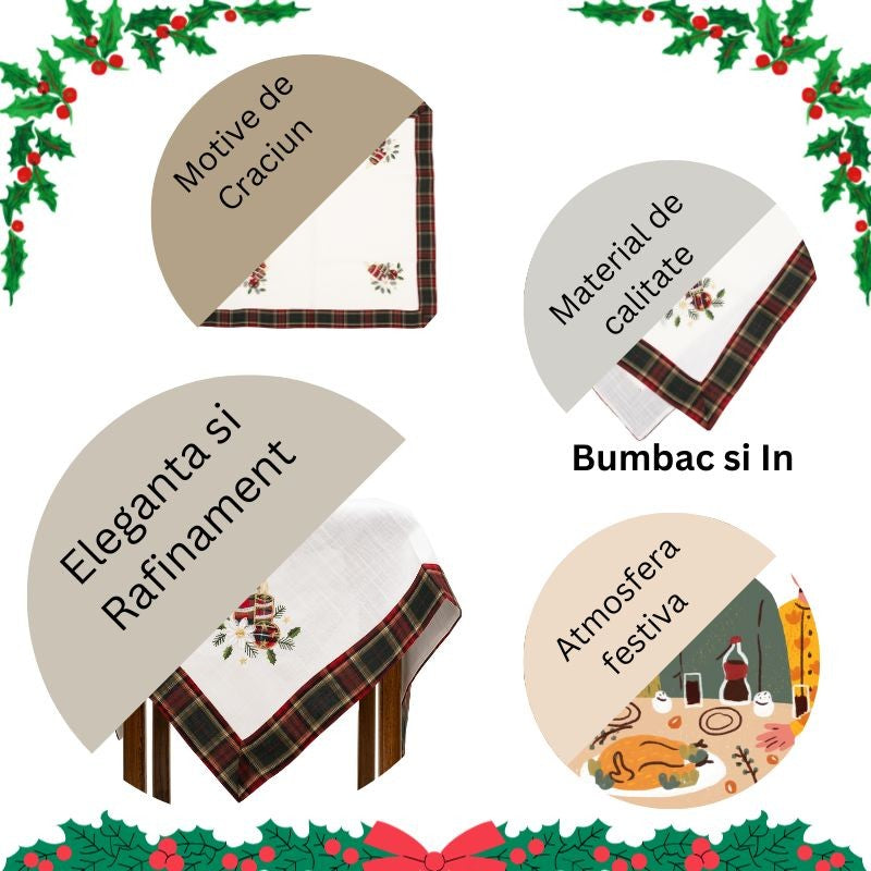 Fata de Masa Kadeny, Material In Brodat, cu Motive de Craciun Lumanari, 85 x 85 cm, Alb