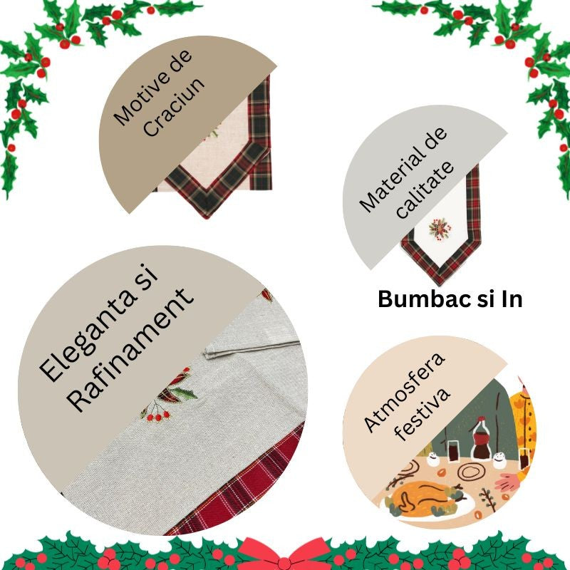 Fata de Masa Kadeny, Material In Brodat, cu Motive Florale de Craciun, 180 x 40 cm, Crem