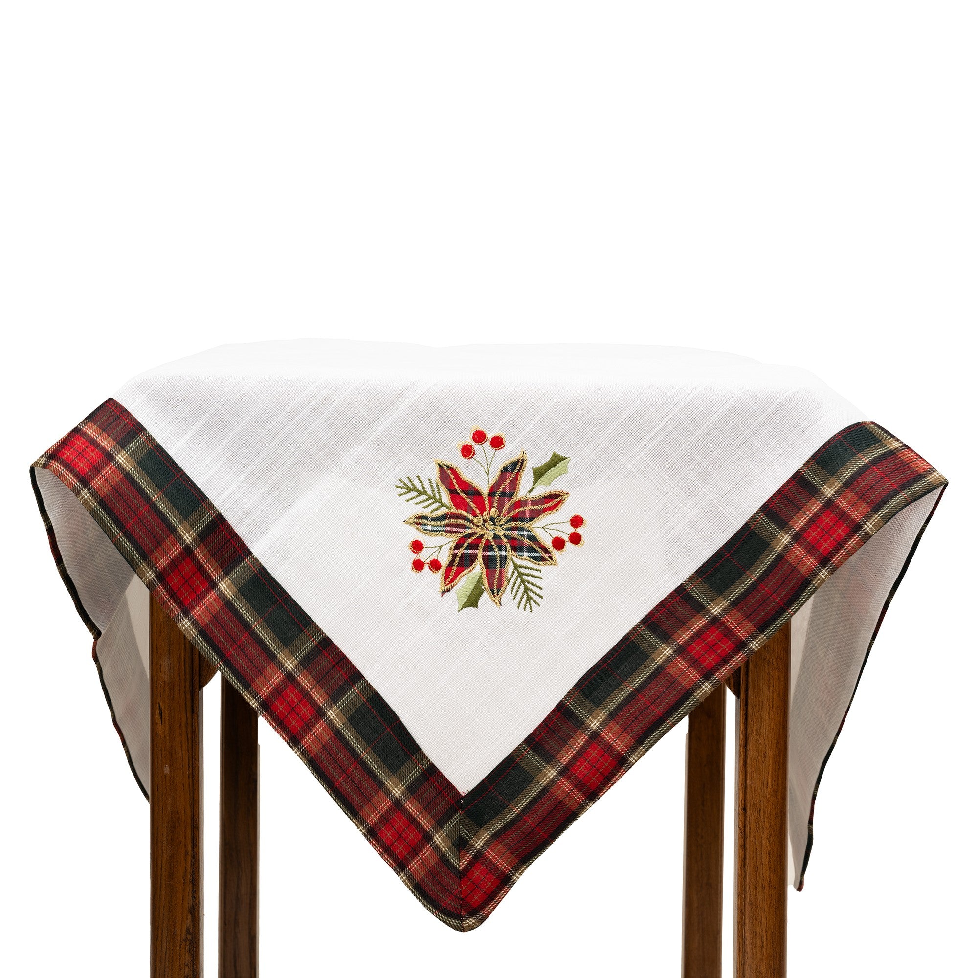 Fata de Masa Kadeny, Material In Brodat, cu Motive Florale de Craciun, 85 x 85 cm, Alb