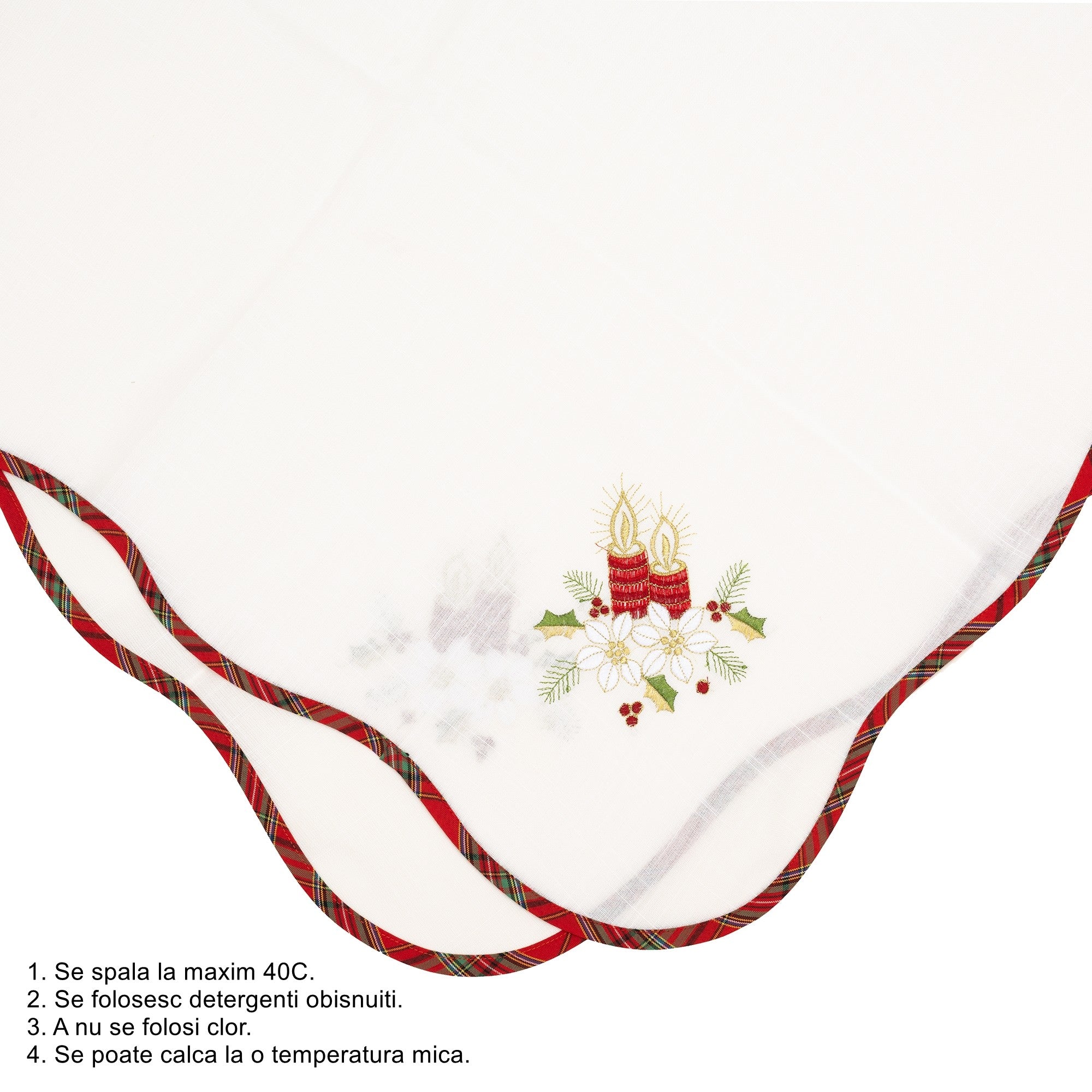 Fata de Masa Kadeny, Material In Brodat, cu Motive Florale de Craciun si Lumanari, 85 x 85 cm, Alb