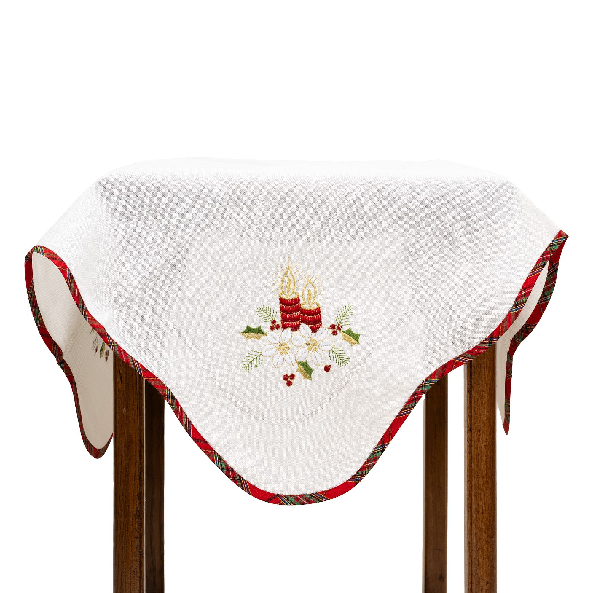 Fata de Masa Kadeny, Material In Brodat, cu Motive Florale de Craciun si Lumanari, 85 x 85 cm, Alb