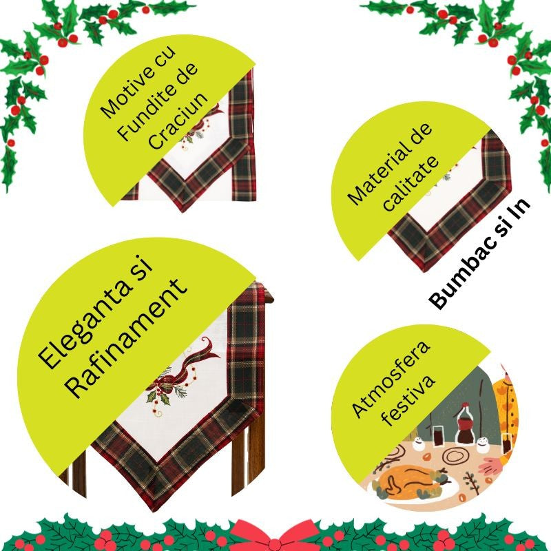 Fata de Masa Kadeny, Material In Brodat, cu Motive Fundita de Craciun, 180 x 40 cm, alba