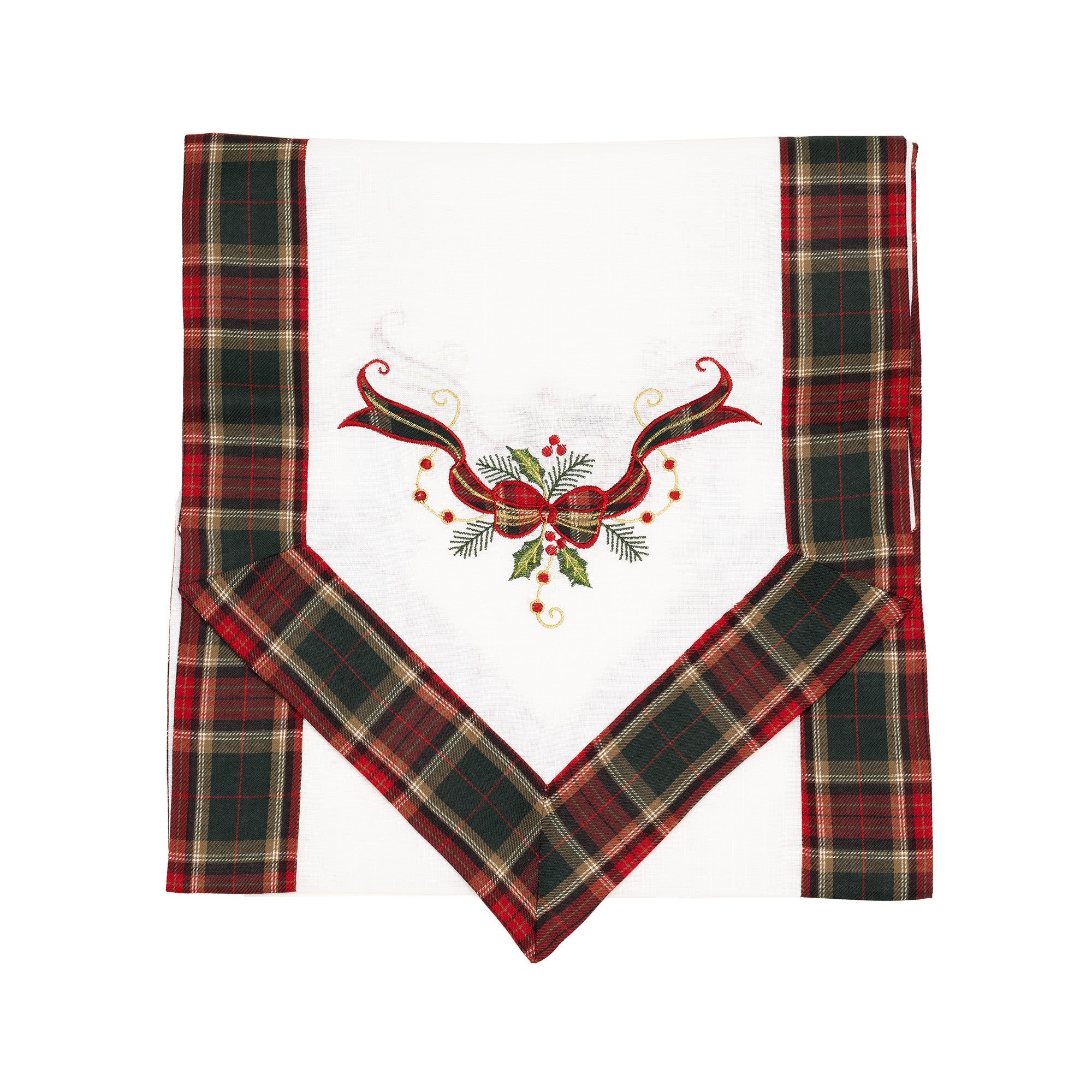 Fata de Masa Kadeny, Material In Brodat, cu Motive Fundita de Craciun, 180 x 40 cm, alba