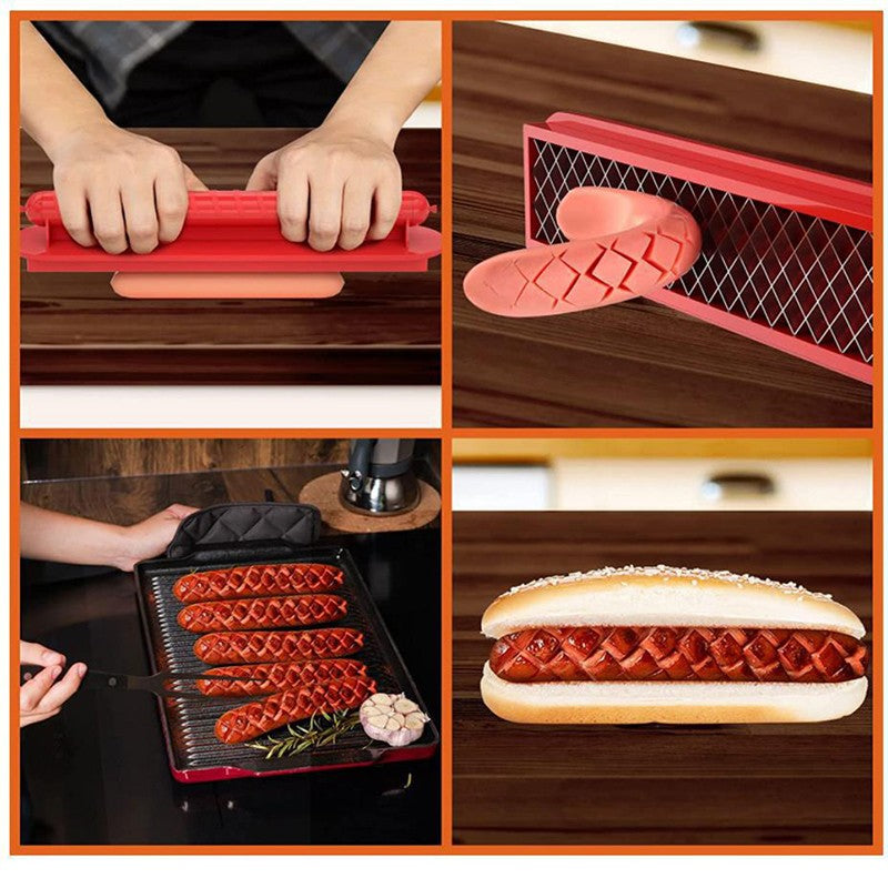Feliator manual pentru hot-dog Kaveny, crestare carnati si hot-dog, manual, potrivit pentru gratar, 29.5 x 6.5 cm, din inox si ABS, rosu