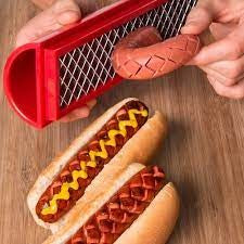 Feliator manual pentru hot-dog Kaveny, crestare carnati si hot-dog, manual, potrivit pentru gratar, 29.5 x 6.5 cm, din inox si ABS, rosu