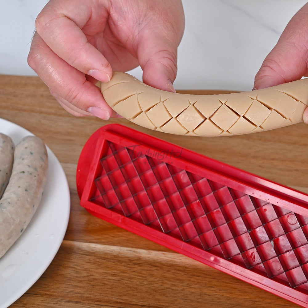 Feliator manual pentru hot-dog Kaveny, crestare carnati si hot-dog, manual, potrivit pentru gratar, 29.5 x 6.5 cm, din inox si ABS, rosu