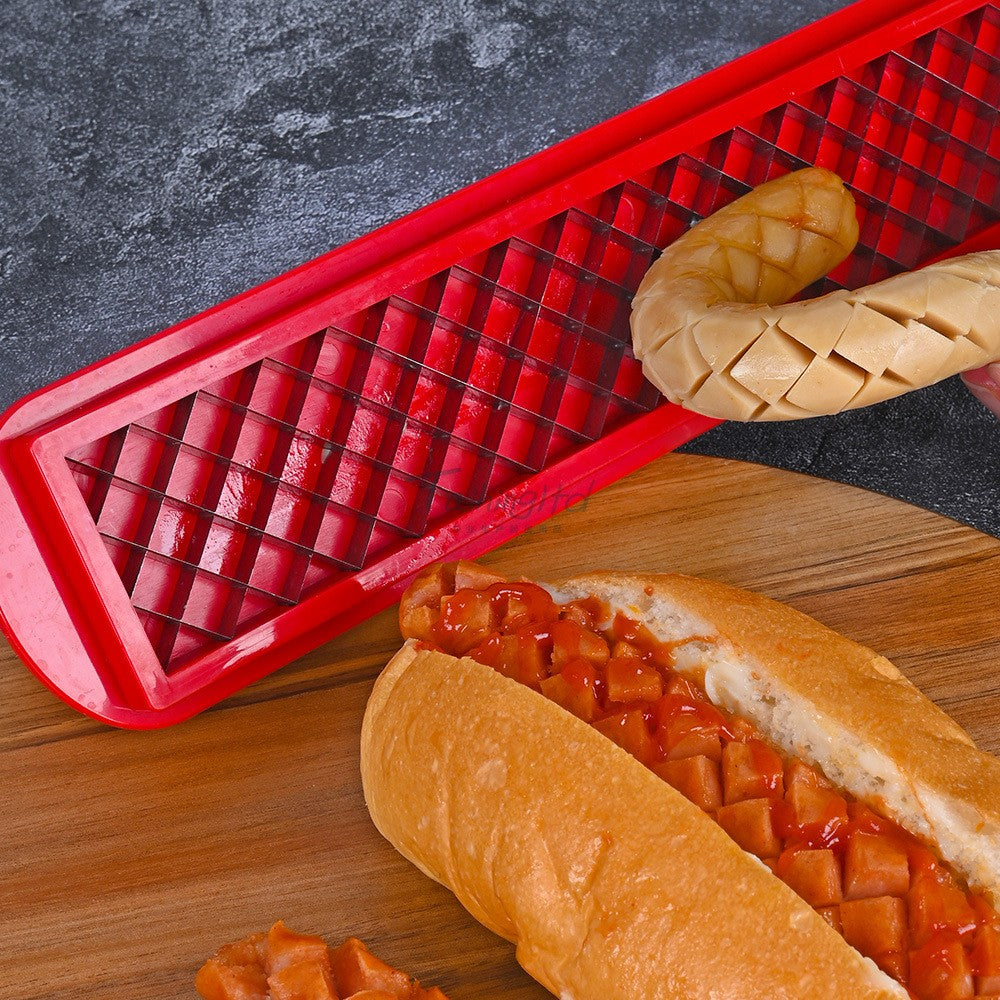Feliator manual pentru hot-dog Kaveny, crestare carnati si hot-dog, manual, potrivit pentru gratar, 29.5 x 6.5 cm, din inox si ABS, rosu