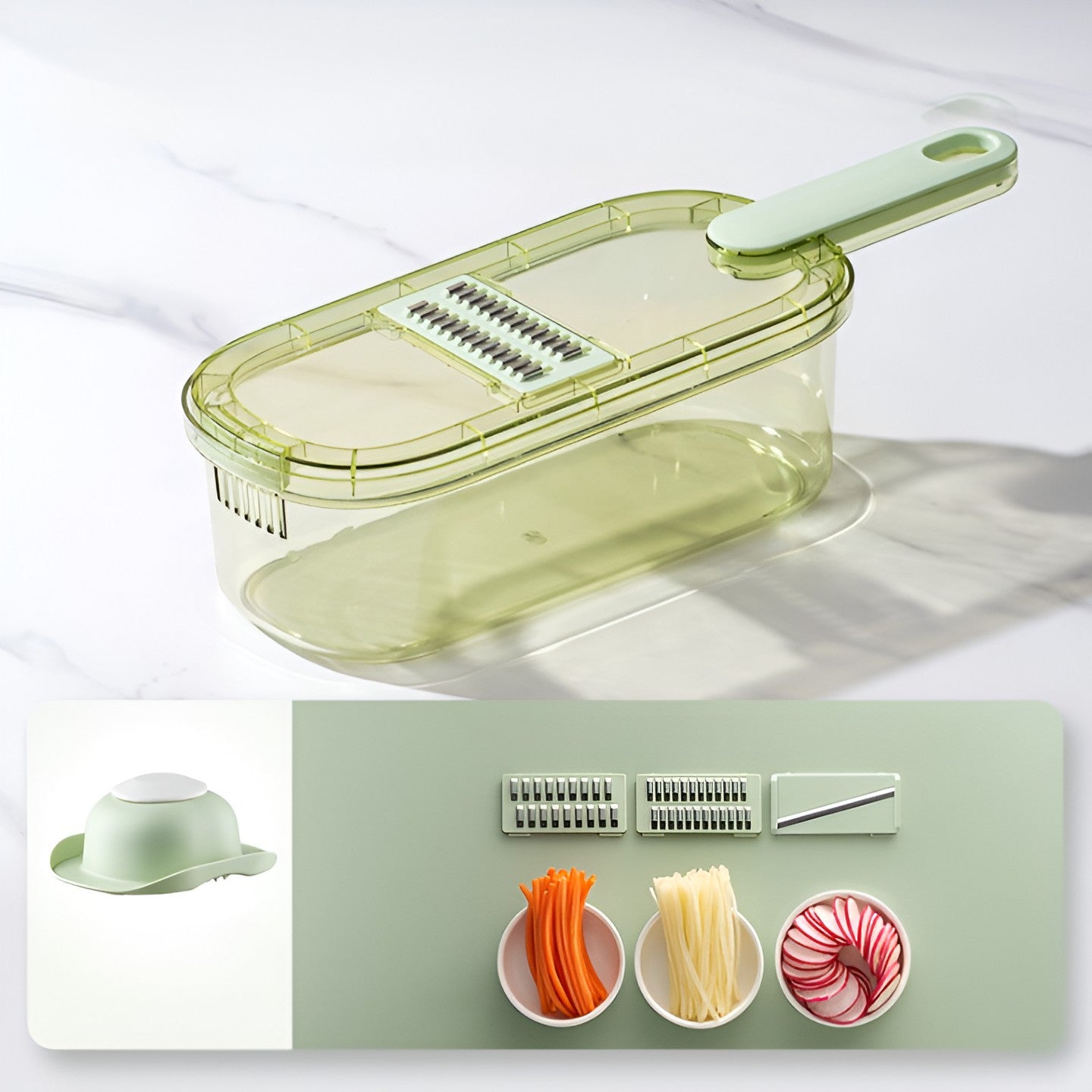 Feliator Multifunctional, Kadeny, 3 in 1, pentru Fructe si Legume, 6 Piese, Maner, Lame de Inox, Recipient Stocare, Protectie Mana, ABS, 35x12x9.4 cm, Verde