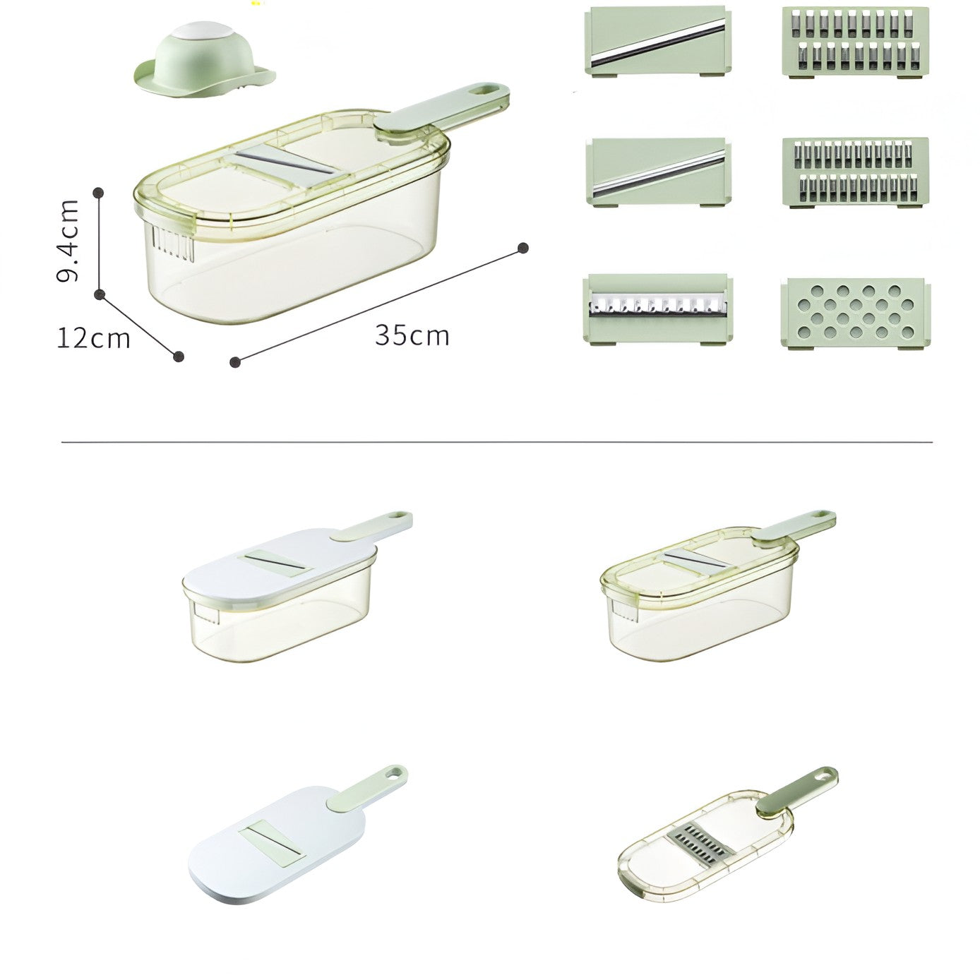 Feliator Multifunctional, Kadeny, 6 in 1, pentru Fructe si Legume, 9 Piese, Maner, Lame de Inox, Recipient Stocare, Protectie Mana, ABS, 35x12x9.4 cm, Verde