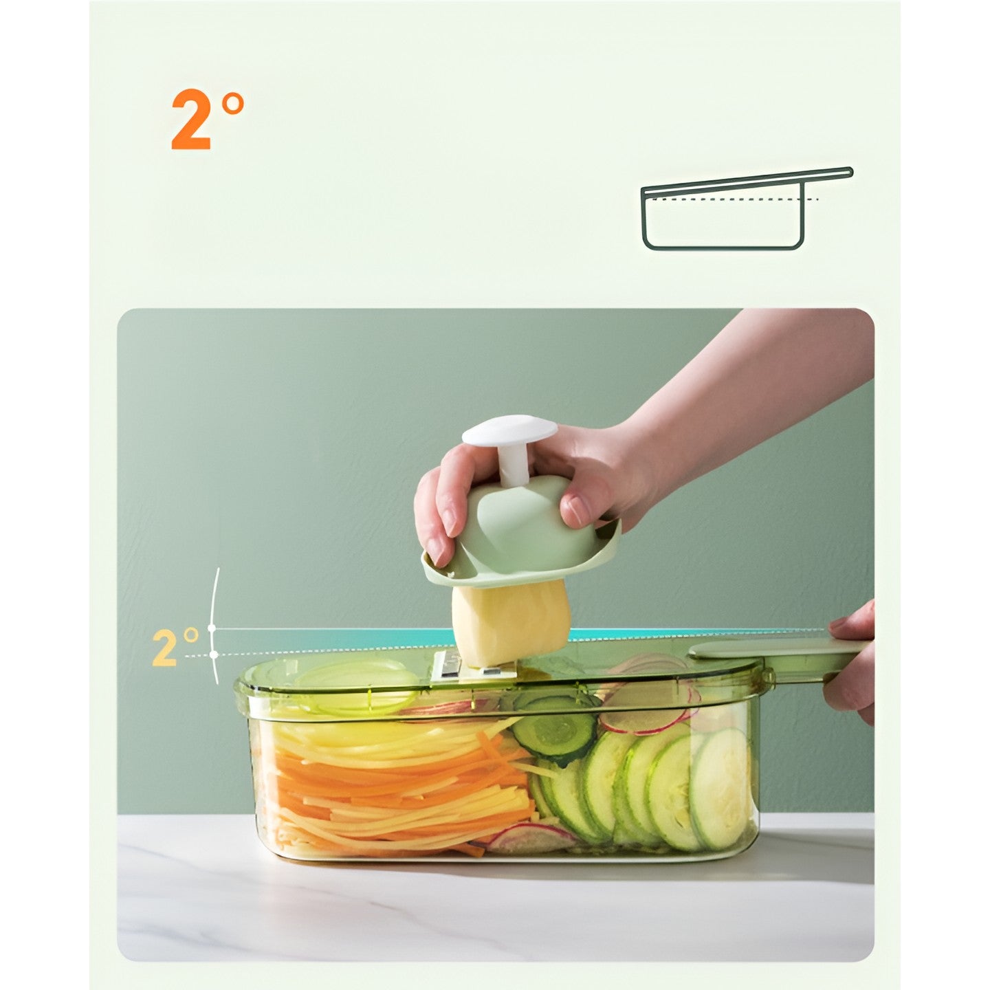 Feliator Multifunctional, Kadeny, 6 in 1, pentru Fructe si Legume, 9 Piese, Maner, Lame de Inox, Recipient Stocare, Protectie Mana, ABS, 35x12x9.4 cm, Verde