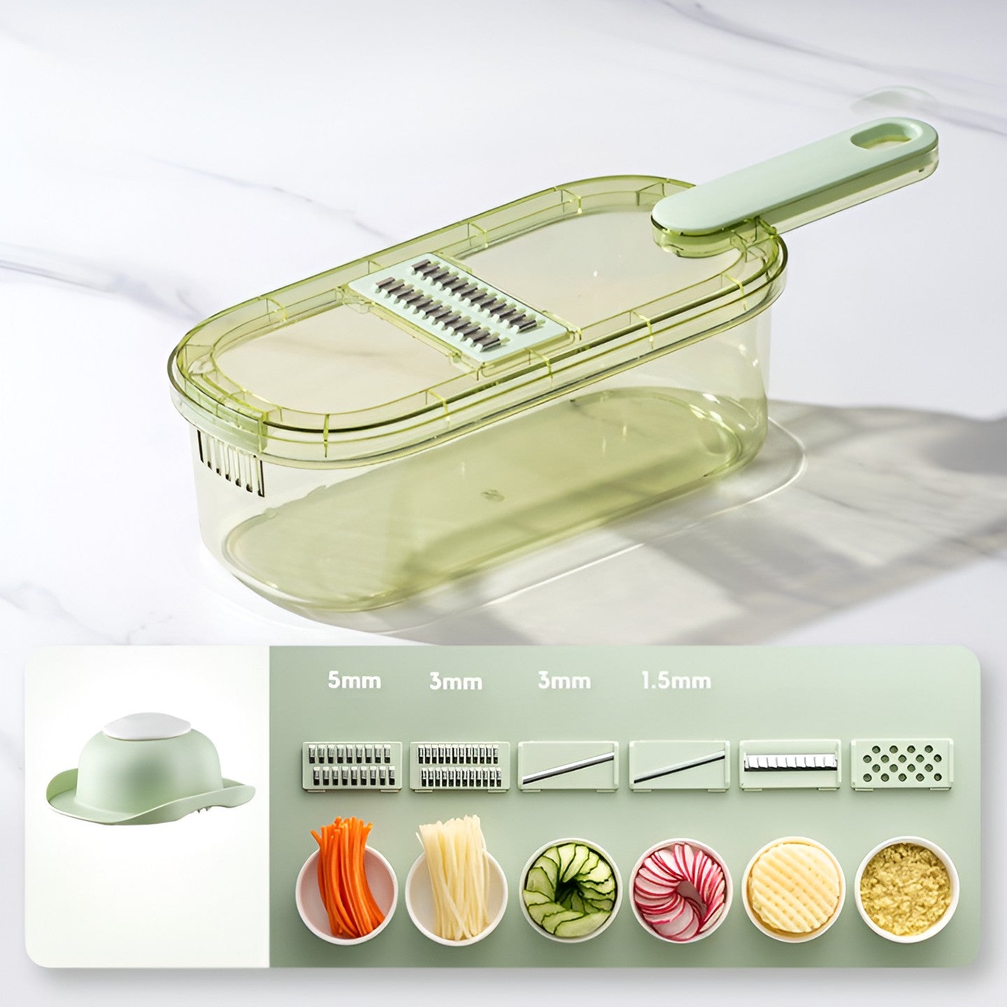 Feliator Multifunctional, Kadeny, 6 in 1, pentru Fructe si Legume, 9 Piese, Maner, Lame de Inox, Recipient Stocare, Protectie Mana, ABS, 35x12x9.4 cm, Verde