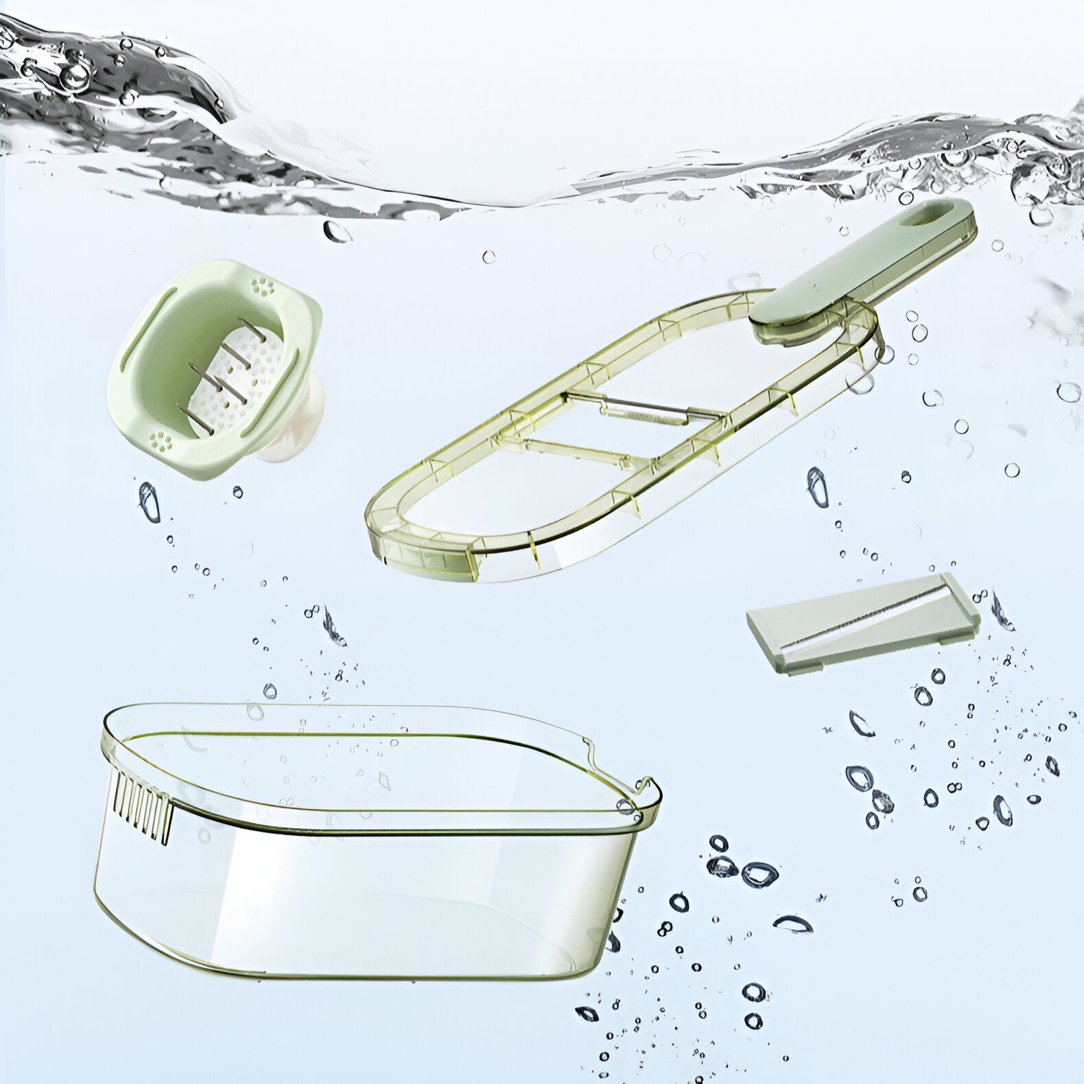 Feliator Multifunctional, Kadeny, 6 in 1, pentru Fructe si Legume, 9 Piese, Maner, Lame de Inox, Recipient Stocare, Protectie Mana, ABS, 35x12x9.4 cm, Verde