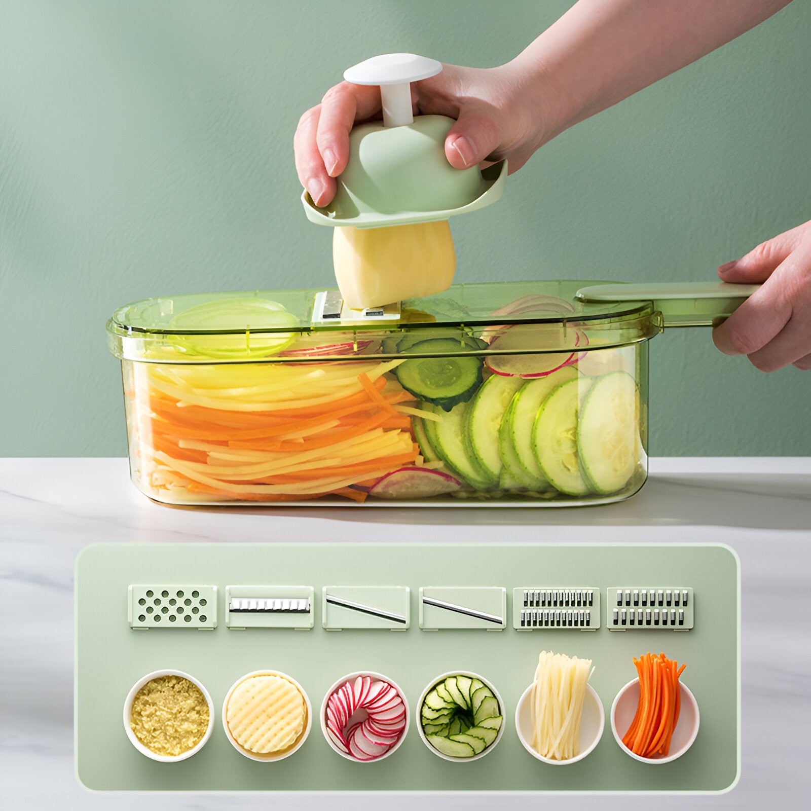 Feliator Multifunctional, Kadeny, 6 in 1, pentru Fructe si Legume, 9 Piese, Maner, Lame de Inox, Recipient Stocare, Protectie Mana, ABS, 35x12x9.4 cm, Verde