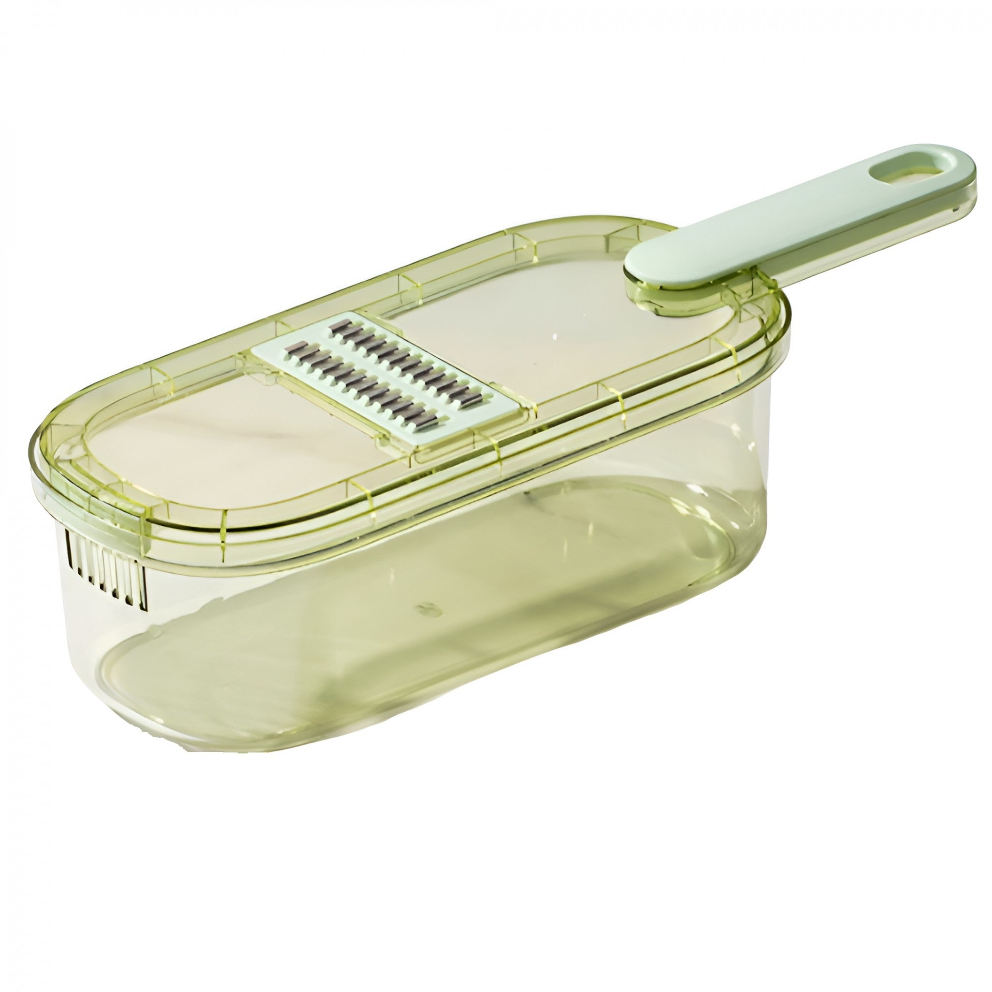 Feliator Multifunctional, Kadeny, 6 in 1, pentru Fructe si Legume, 9 Piese, Maner, Lame de Inox, Recipient Stocare, Protectie Mana, ABS, 35x12x9.4 cm, Verde