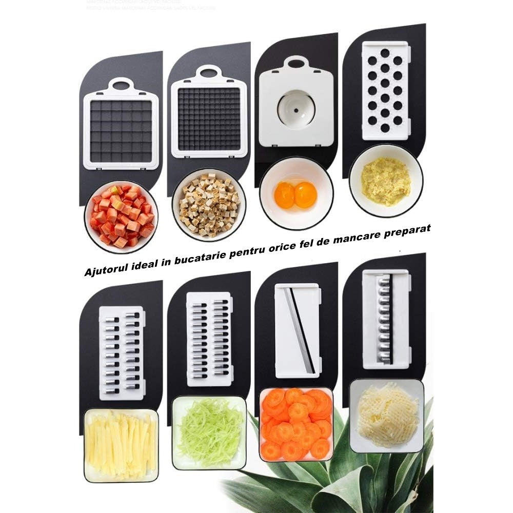 Feliator Multifunctional, Kadeny, Razatoare, 8 in 1, pentru Fructe si Legume, 10 Piese, Lame de Inox, Recipient Stocare, Separator Oua, Protectie Mana, ABS, 32.2x11.3 cm, Albastru/Alb