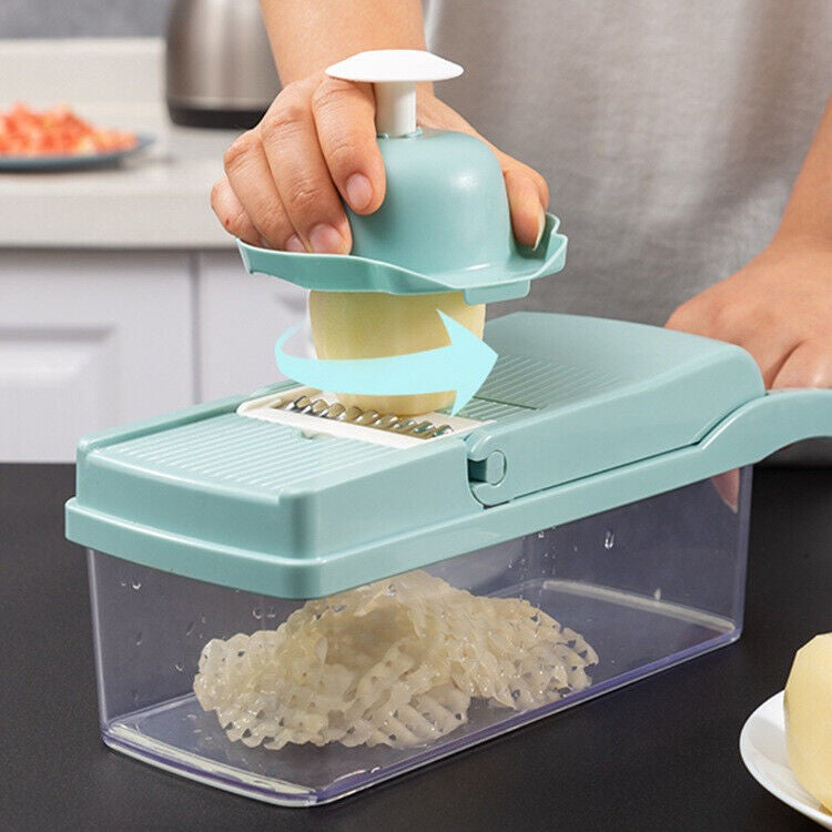 Feliator Multifunctional, Kadeny, Razatoare, 8 in 1, pentru Fructe si Legume, 10 Piese, Lame de Inox, Recipient Stocare, Separator Oua, Protectie Mana, ABS, 32.2x11.3 cm, Albastru/Alb