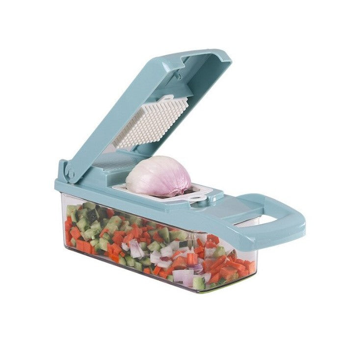 Feliator Multifunctional, Kadeny, Razatoare, 8 in 1, pentru Fructe si Legume, 10 Piese, Lame de Inox, Recipient Stocare, Separator Oua, Protectie Mana, ABS, 32.2x11.3 cm, Albastru/Alb