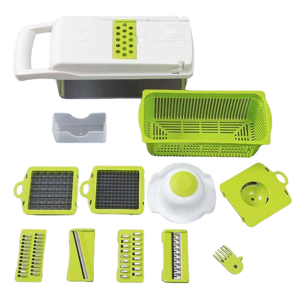 Feliator Multifunctional, Kaveny, Razatoare, 8 in 1, pentru Fructe si Legume, 10 Piese, Lame de Inox, Recipient Stocare, Separator Oua, Protectie Mana, ABS, 67.5x38.5x49.5 cm, Verde/Alb
