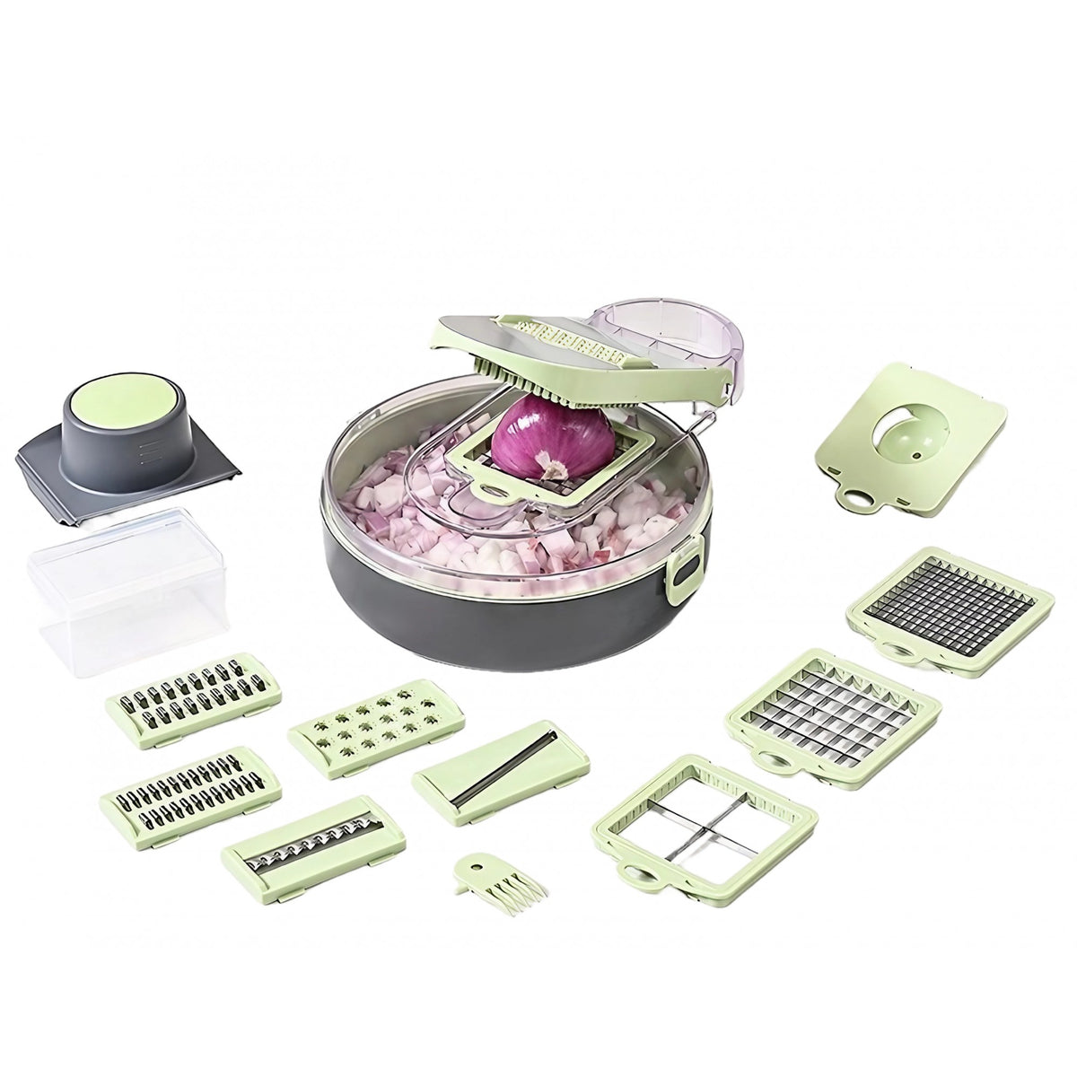 Feliator Multifunctional, Kaveny, Razatoare, 8 in 1, pentru Fructe si Legume, 12 Piese, Lame de Inox, Recipient Stocare, Separator Oua, Protectie Mana, ABS, Gri/Verde, 29.5x9x21.8 cm