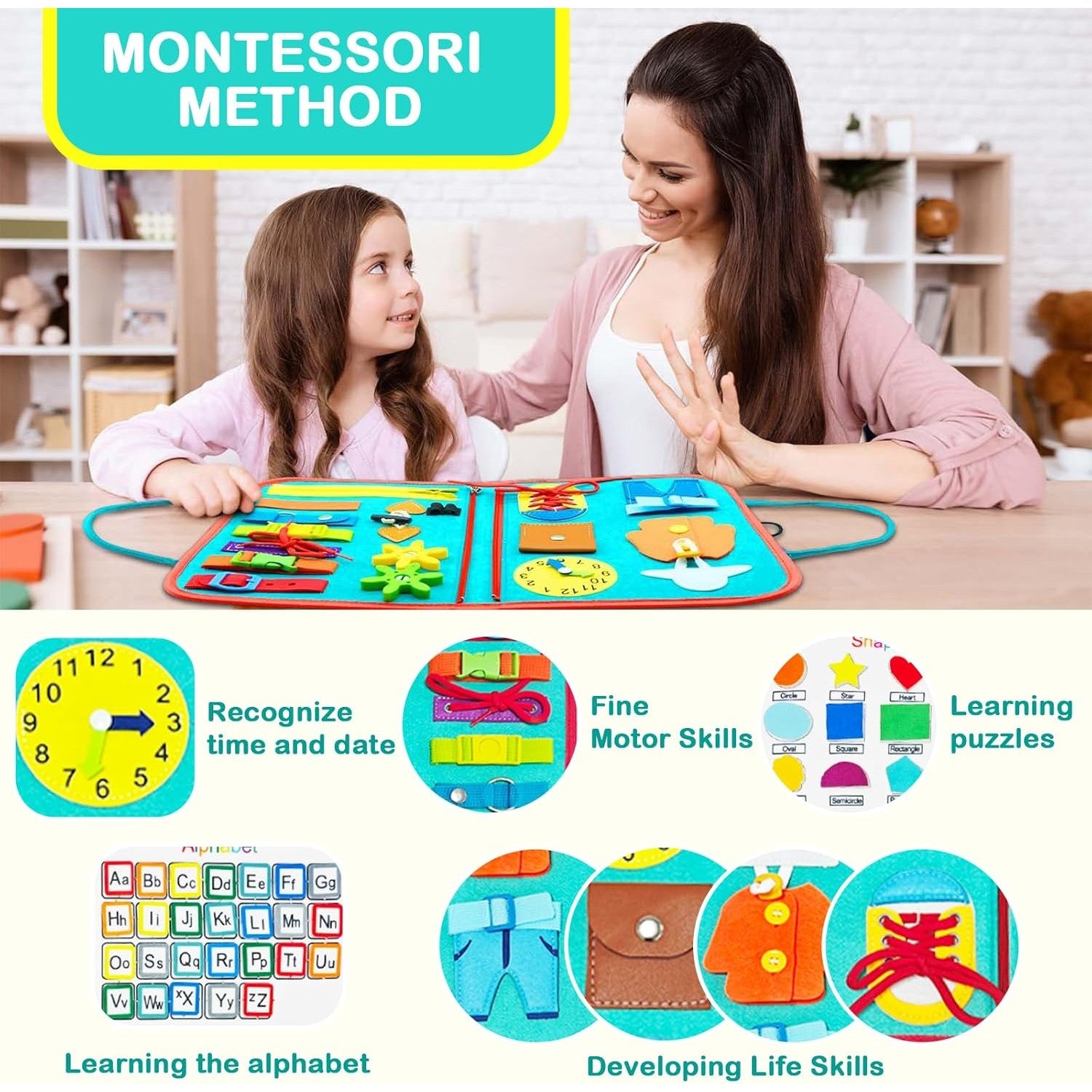 Carte Senzoriala Educativa Montessori, Kaveny, cu Activitati, Dezvoltare Abilitati Motorii, 4 Pagini, Model Spatiu Cosmic, 28x22x7 cm, Albastru