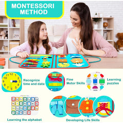 Carte Senzoriala Educativa Montessori, Kaveny, cu Activitati, Dezvoltare Abilitati Motorii, 4 Pagini, Model Spatiu Cosmic, 28x22x7 cm, Albastru