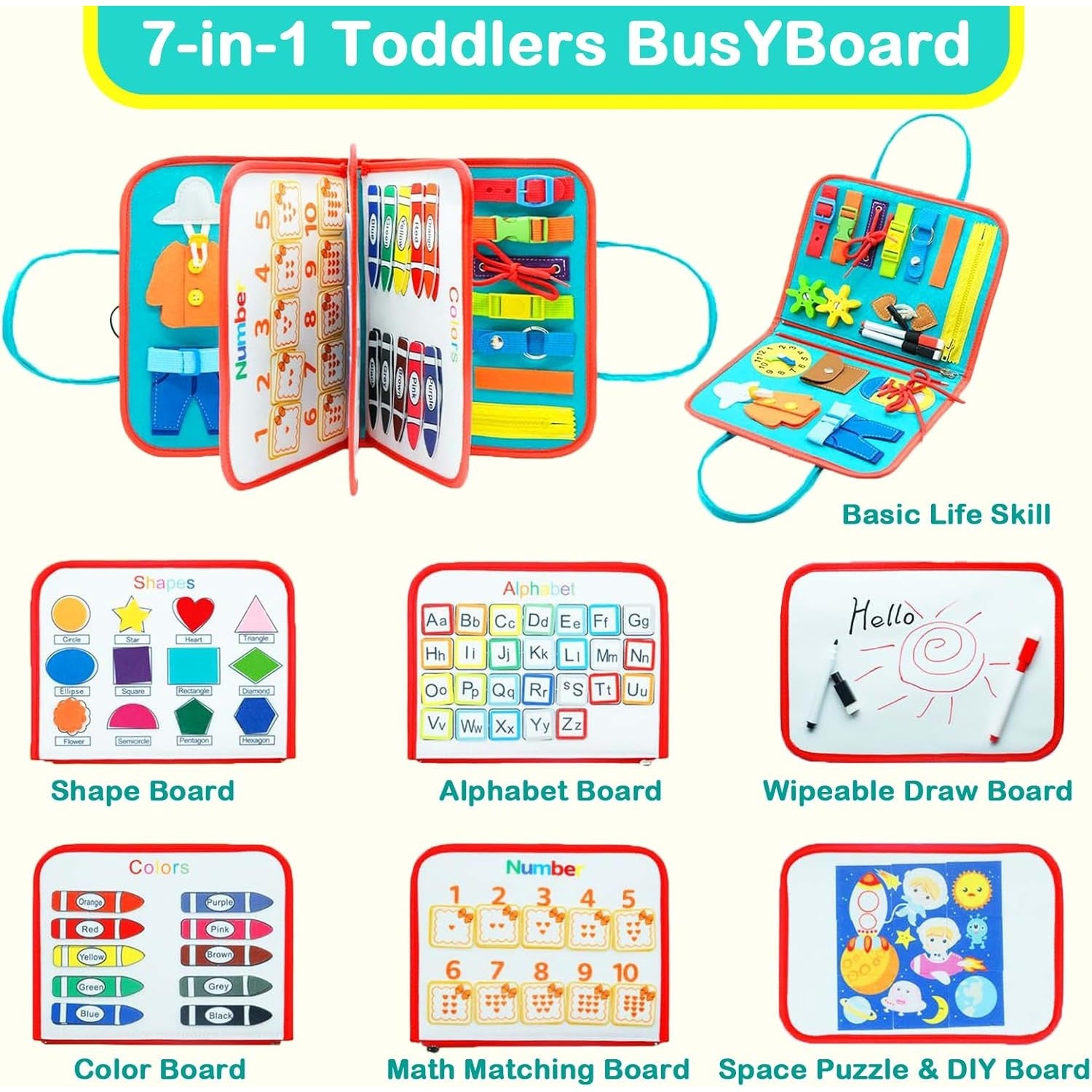 Carte Senzoriala Educativa Montessori, Kaveny, cu Activitati, Dezvoltare Abilitati Motorii, 4 Pagini, Model Spatiu Cosmic, 28x22x7 cm, Albastru