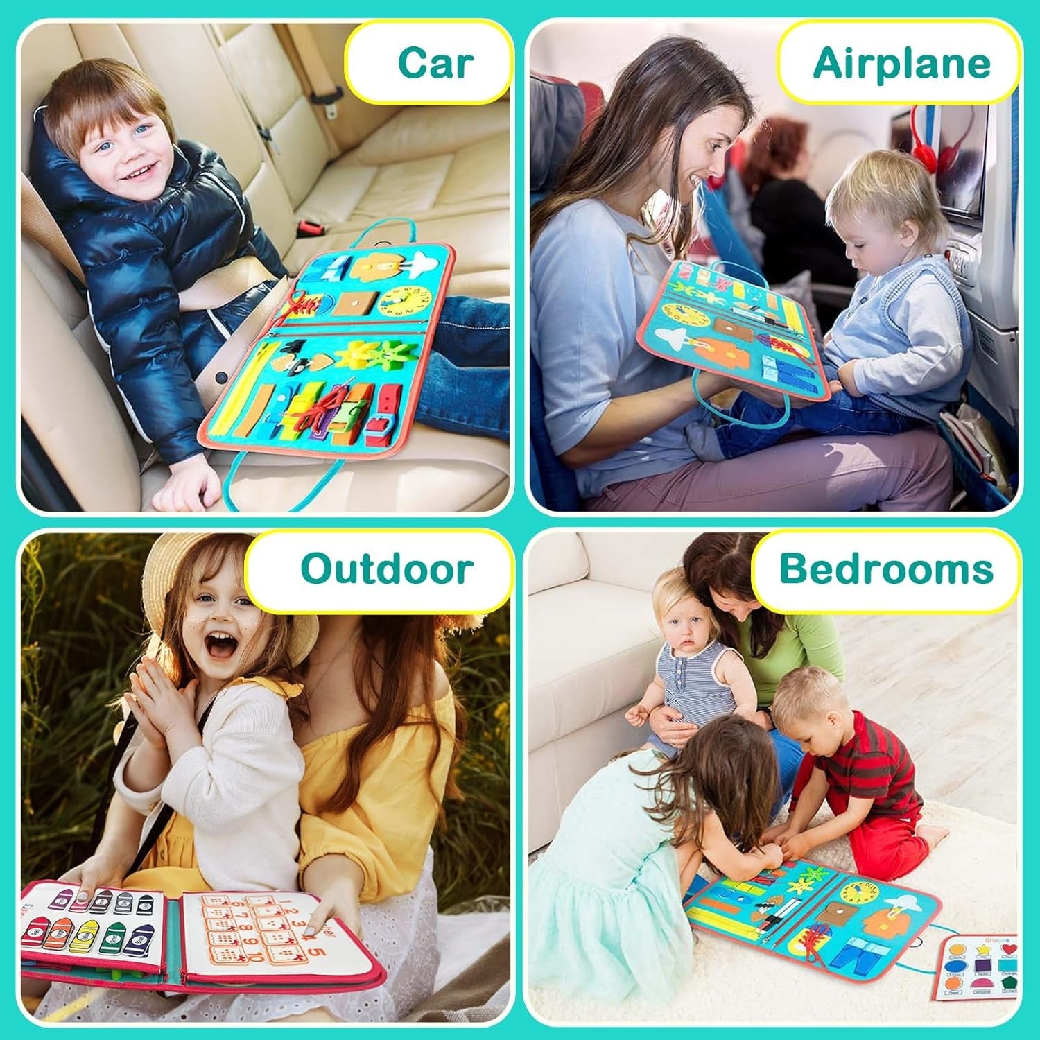 Carte Senzoriala Educativa Montessori, Kaveny, cu Activitati, Dezvoltare Abilitati Motorii, 4 Pagini, Model Spatiu Cosmic, 28x22x7 cm, Albastru